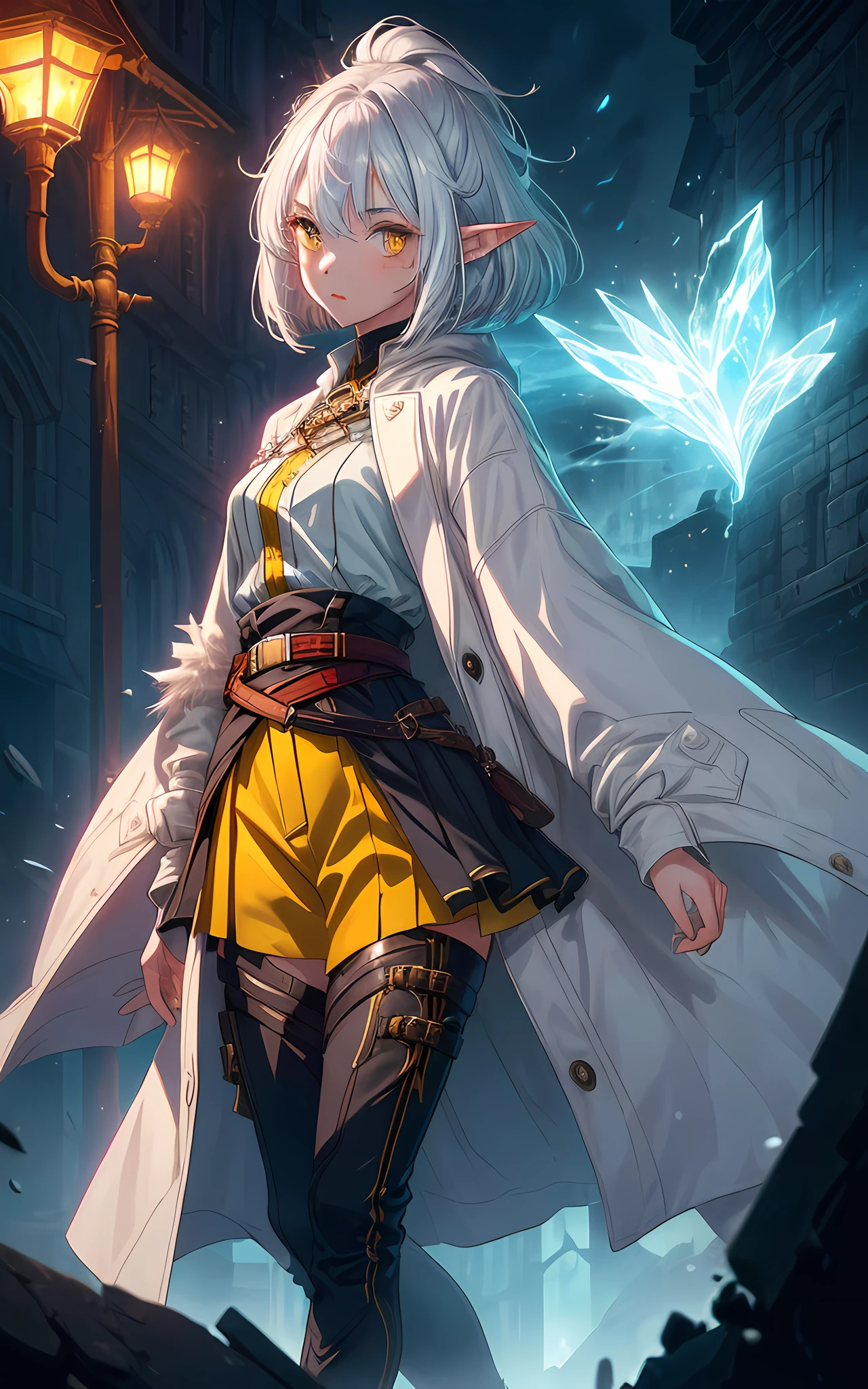 (1girl, solo, full height:1.5) award-winning photography, girl (elven ears, young, sweet face: 1.1), thin, fragile, straight hair, disheveled hair, (white coat with red accents, killer-style coat, fantasy (pants), boots), adventurer's clothes, glowing eyes, (gray hair: 1.2), (bob haircut), (yellow eyes), (using dark magic: 1.2), posing in a dark city ruins, (rim lighting, :1.4) Two-color lighting, sharp focus, octane, unreal, dimly lit, restrained,