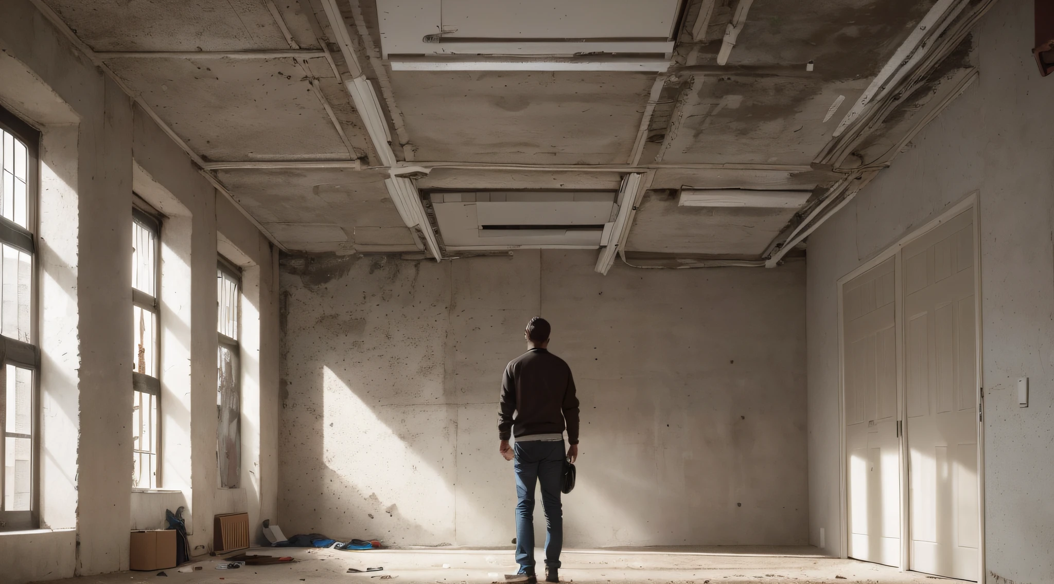 The protagonist is standing in the middle of a spacious, dimly lit office.
The walls are bare and unfurnished, only a few empty boxes are scattered across the floor.
The windows are dirty, letting natural light filter weakly into the room.
There is a plaque on the wall with the name of the company, but already worn and faded. --auto --s2