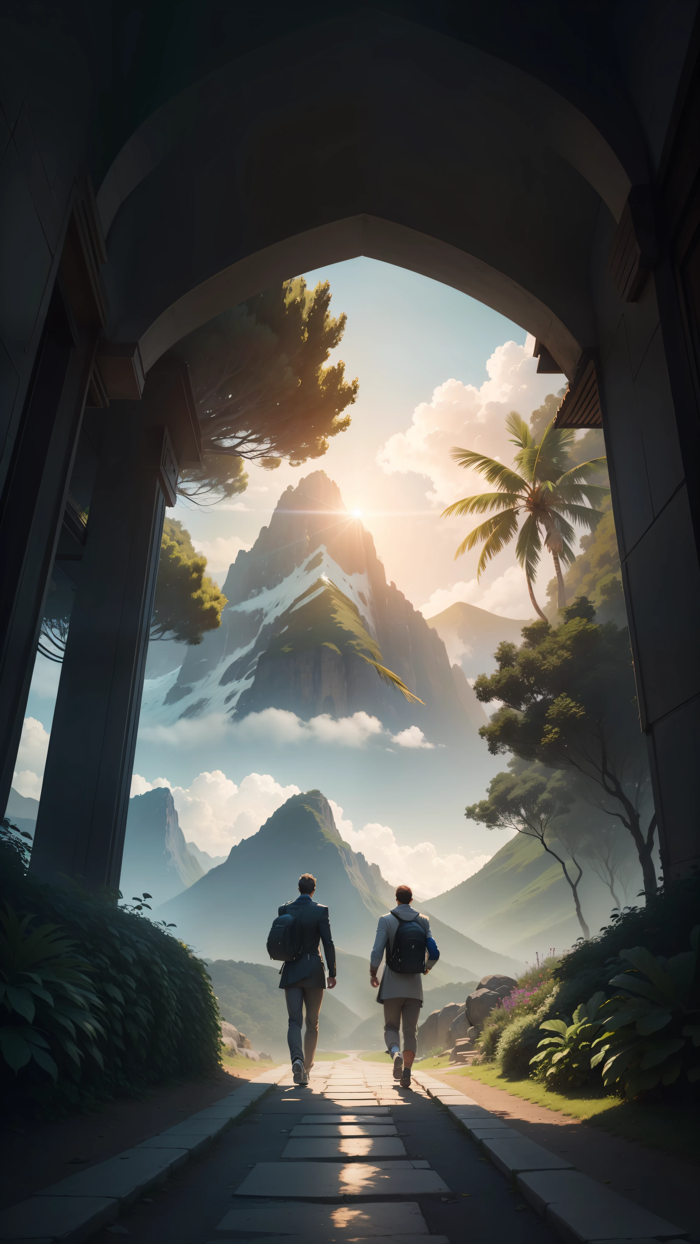 man, landscape, nature, mountains, paths, path, path to heavens, palm trees, alone, alone, straight path, natural view, divine, clouds, cloud, heavens, sky, sun, detailed sky, path to, back, manly, manly, manly, vigorous, strong, well dressed, tunic, decent, walk, run, path, beauty path, life path, nature, beautiful place, paradise, back, walking, couple, man and woman, married, looking straight way, towards photorealism, photorealistic, ultra hd, 4k, detailed textures, futuristic colors, detailed colors,