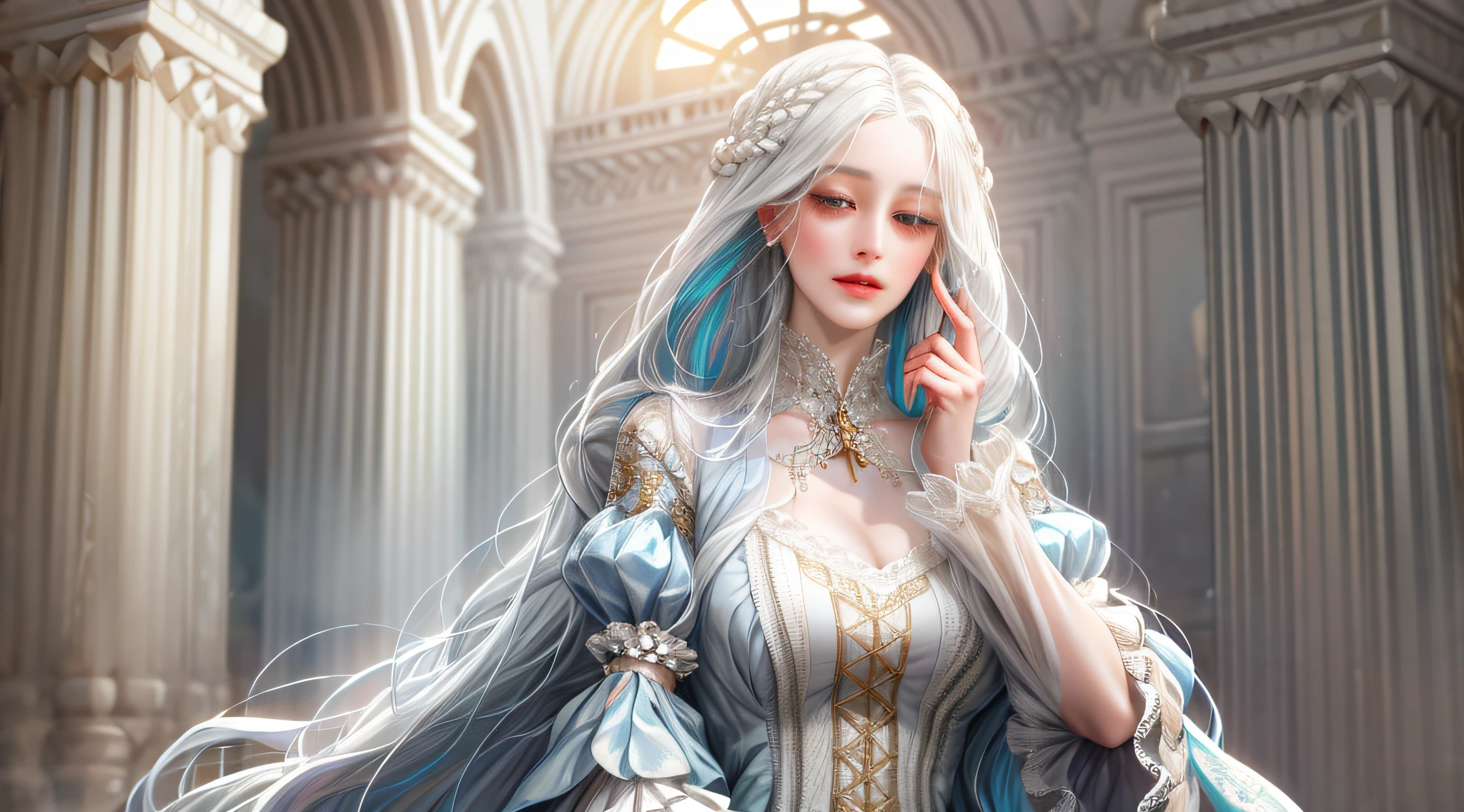 (absurdres, highres, ultra detailed), 1girl, solo, mature, (very long hair, white hair), Baroque, long dress, long sleeve, elegant, colorful, highest detailed, upper body