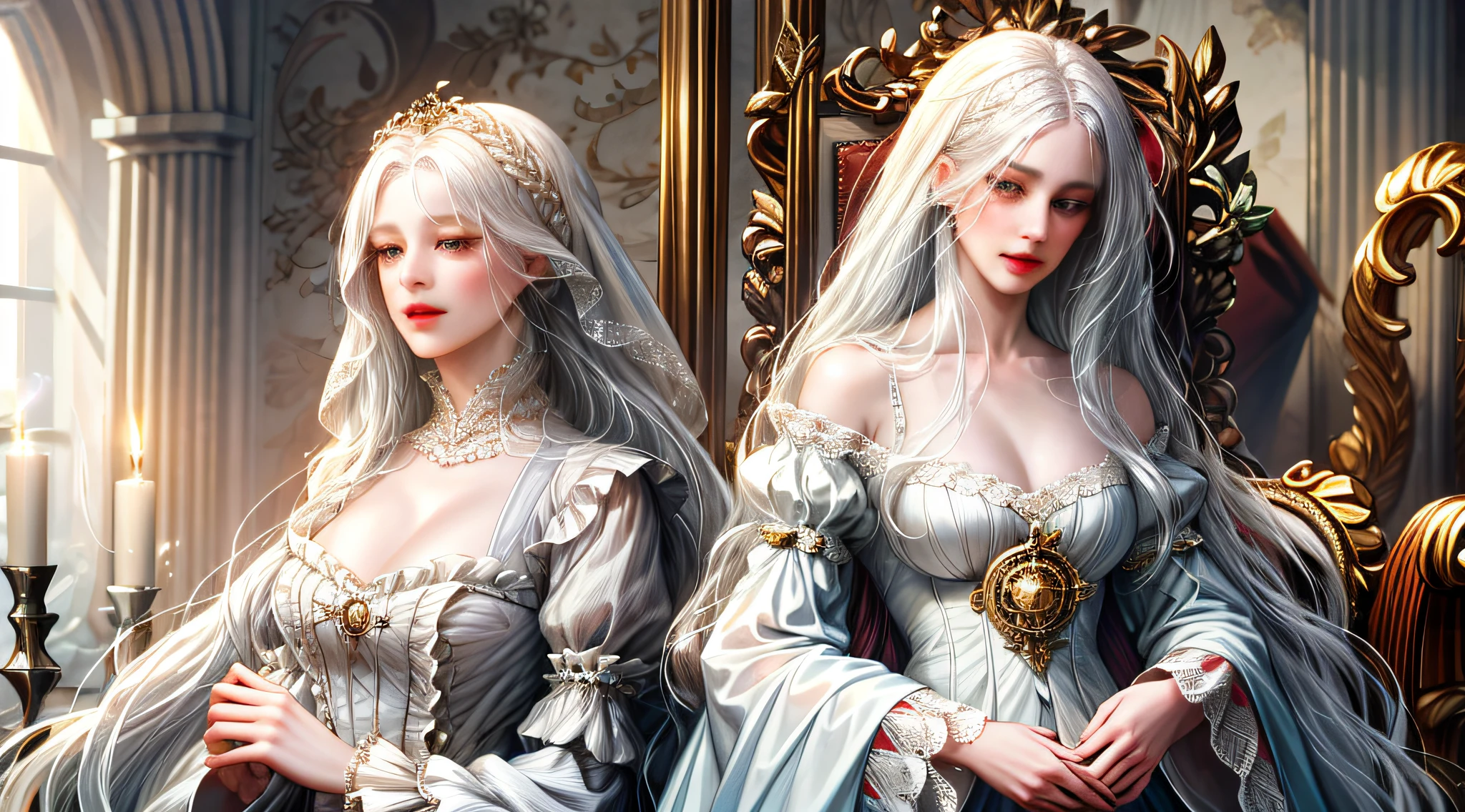 (absurdres, highres, ultra detailed), 1girl, solo, mature, (very long hair, white hair), Baroque, long dress, long sleeve, elegant, colorful, highest detailed, upper body