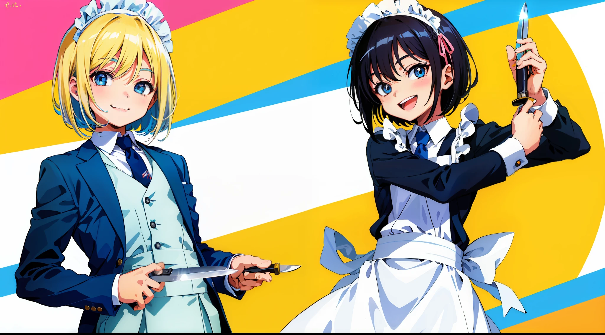 HD picture, children's youthful style, animated face appearance, 1 Bob hairstyle slim boy wearing maid suit, strong and energetic eyes, happy smile, holding a knife, hotel