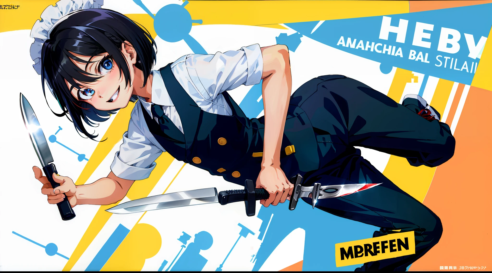 HD picture, children's youthful style, animated face appearance, 1 Bob hairstyle slim boy wearing maid suit, strong and energetic eyes, happy smile, holding a knife, hotel