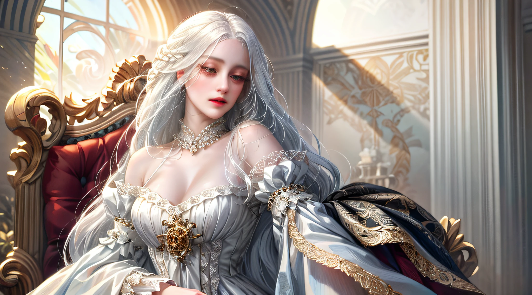 (absurdres, highres, ultra detailed), 1girl, solo, mature, (very long hair, white hair), Baroque, long dress, long sleeve, elegant, colorful, highest detailed, upper body