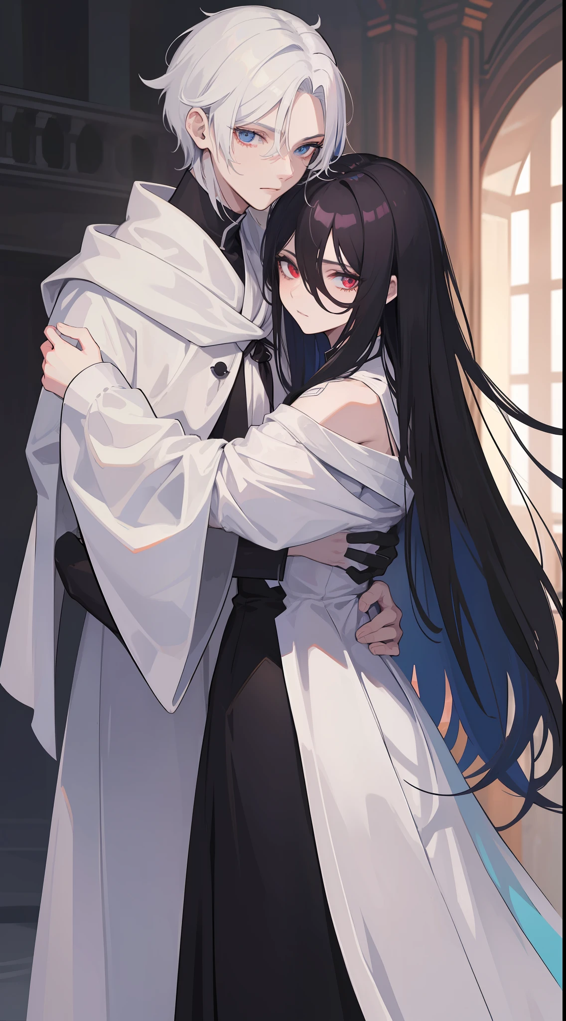 1man, sharp blue eyes with sharp pupils, white sharp hair and he was wearing black robes and, intimate hug with his red-eyed wife((41 year old face))