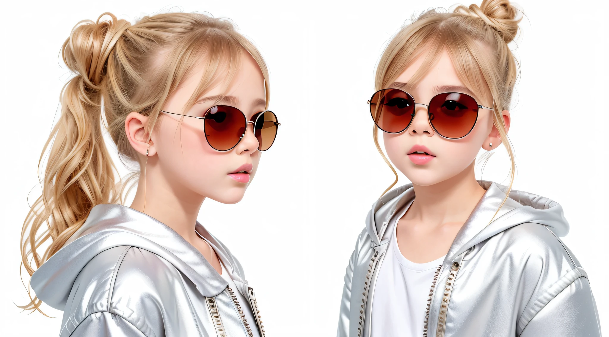 masterpiece, best quality, realistic, girl child hair BLONDE in bun and sunglasses, long hair, SILVER JACKET, broad shoulders, small head, upper body, (white background: 1.3), mouth closed.