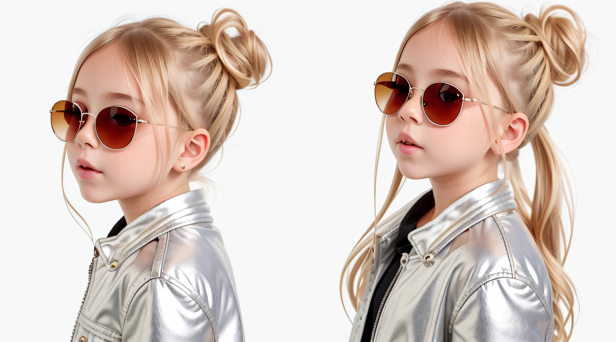masterpiece, best quality, realistic, hair BLONDE in bun and sunglasses, long hair, SILVER JACKET, broad shoulders, small head, upper body, (white background: 1.3), mouth closed.