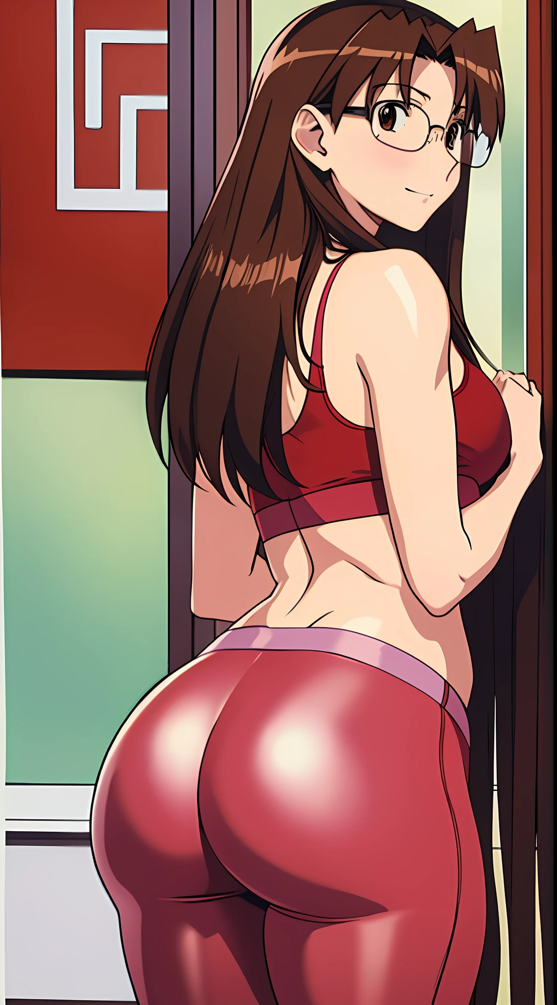 Koyomi Mizuhara, brown hair, teenager, long hair, glasses, tall girl, red and white gym shirt, bra strap, medium breasts, fit body, slim waist, medium ass, red tight biker short leggings, plump ass cheeks, fit body, slim figure, thirst trap, Nsfw, ecchi, erotic, rule 34, gelbooru, 1998 photo-shoot, ass cheeks, sexy photos, nice view, smirking for attention, sexy slim figure, side view, sexy big firm ass, luscious beautiful lips, back view, flexing her ass