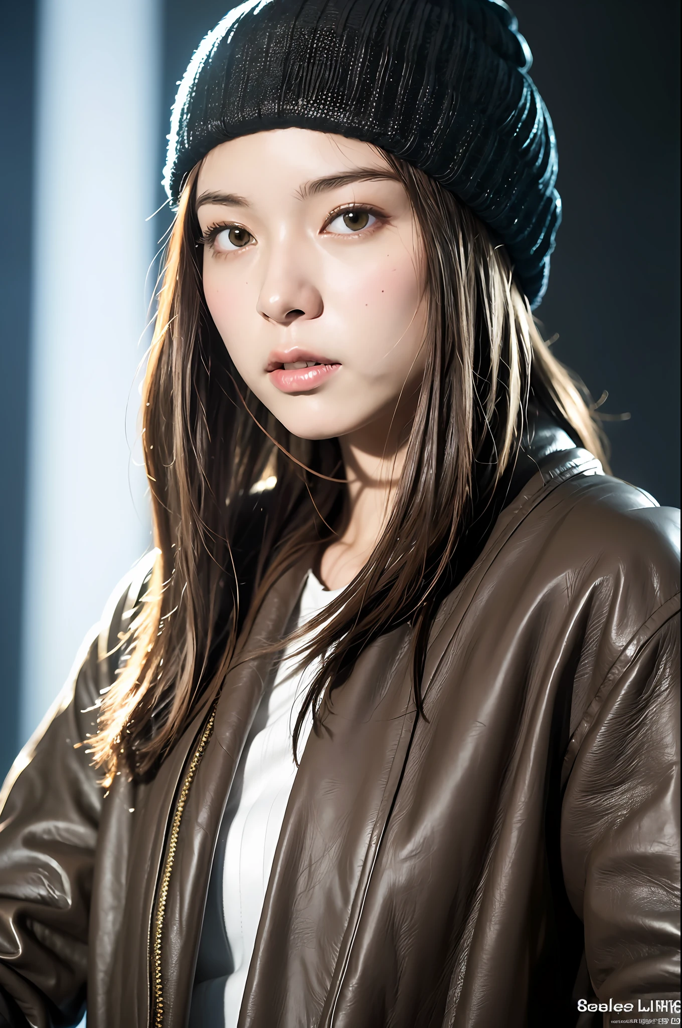 (
(8k:1.27), best quality, masterpiece, ultra highres:1.2) Photo of Pretty Japanese woman
(beautiful:1.1) (sci-fi warrior woman:1.1) space soldier, (beanie:1.61) (leather jacket:1.21) intricate elegant, fantasy, detailed, ometric by greg rutkowski and alphonse mucha, gradient lighting