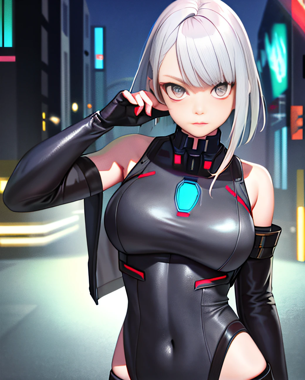 realistic, painting, lucy \(cyberpunk\), portrait, 1girl, beautiful face, asymmetrical hair, belt, bodysuit, covered mouth, covered navel, detached sleeves, grey eyes, hip vent, open jacket, night, cute, look at viewer,