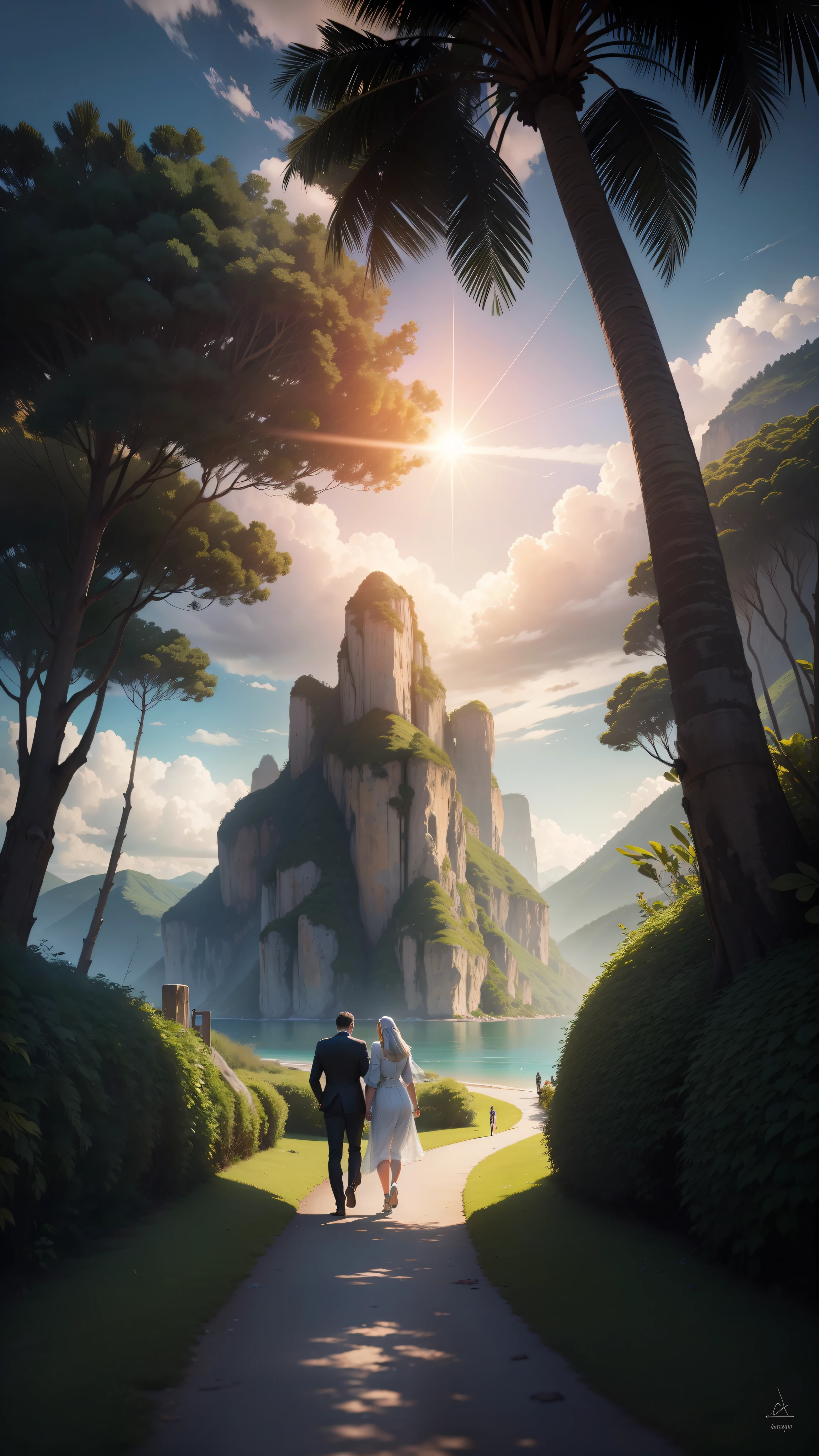 man, landscape, nature, mountains, paths, path, path to heavens, palm trees, alone, alone, straight path, natural view, divine, clouds, cloud, heavens, sky, sun, detailed sky, path to, back, manly, manly, manly, vigorous, strong, well dressed, tunic, decent, walk, run, path, beauty path, life path, nature, beautiful place, paradise, back, walking, couple, man and woman, married, looking straight way, towards photorealism, photorealistic, ultra hd, 4k, detailed textures, futuristic colors, detailed colors,