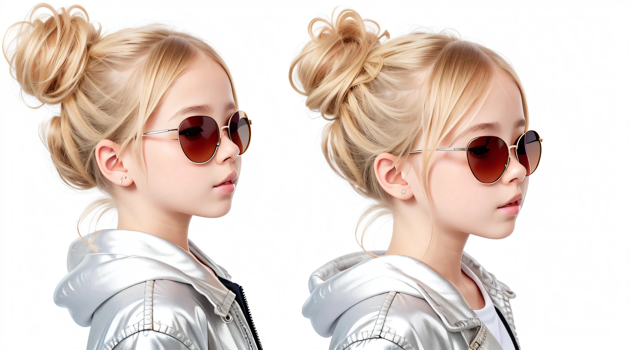 masterpiece, best quality, realistic, girl child hair BLONDE in bun and sunglasses, long hair, SILVER JACKET, broad shoulders, small head, upper body, (white background: 1.3), mouth closed.