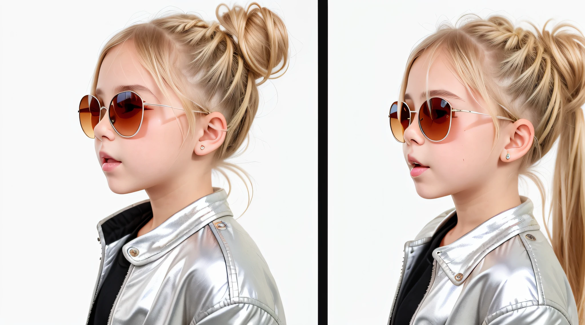 masterpiece, best quality, realistic, girl child hair BLONDE in bun and sunglasses, long hair, SILVER JACKET, broad shoulders, small head, upper body, (white background: 1.3), mouth closed.