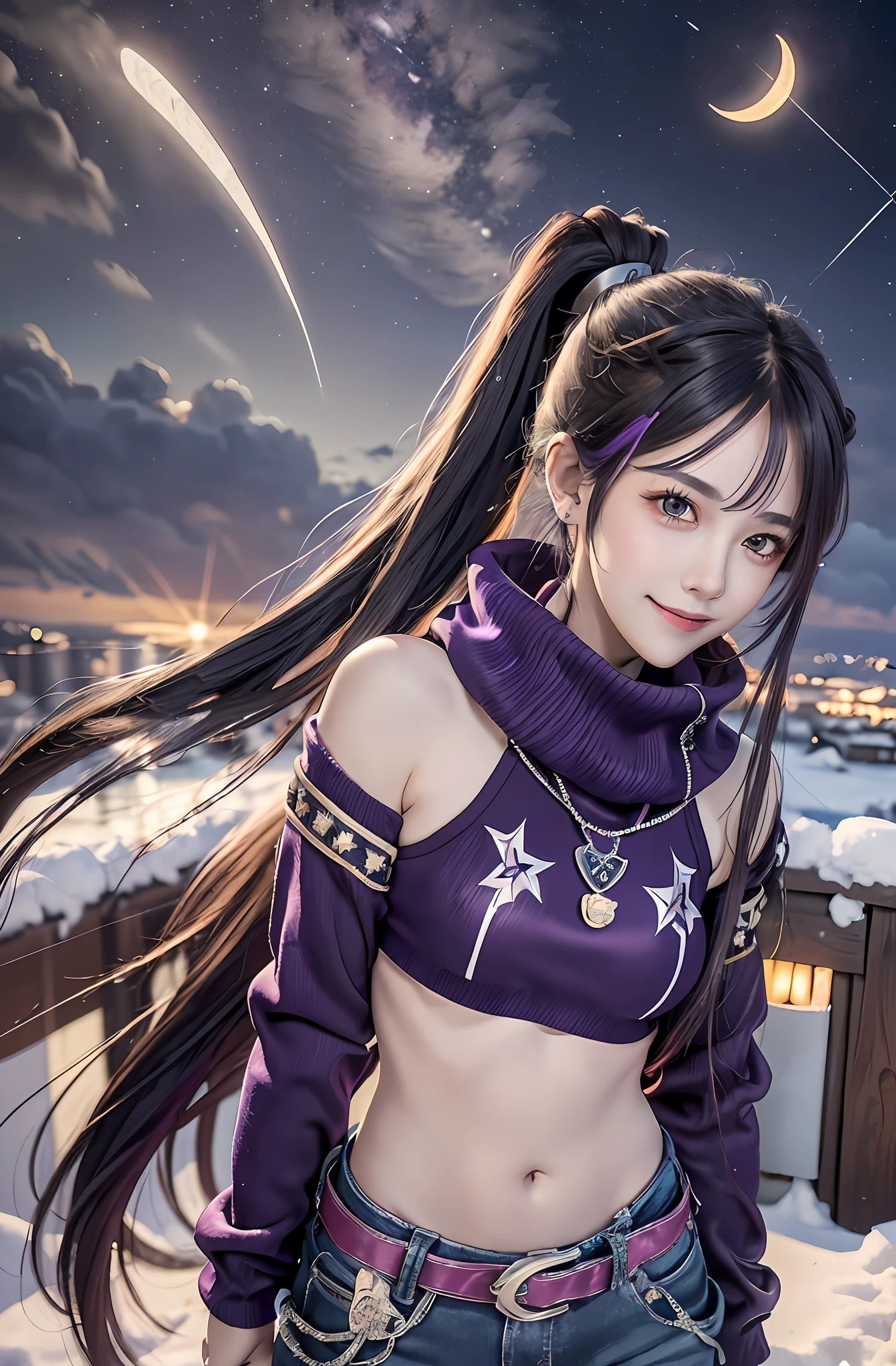 Ponytail. Longhair. Smile, purple hair. Earring. Divine wings on the back. Snow. Ski wear. Winter clothes. Meteor shower. Long pants. Muffler. Smile. Crescent moon. Shooting star. Starry sky. Earphone. Navel out. Wings grown on the back. Purple wings.