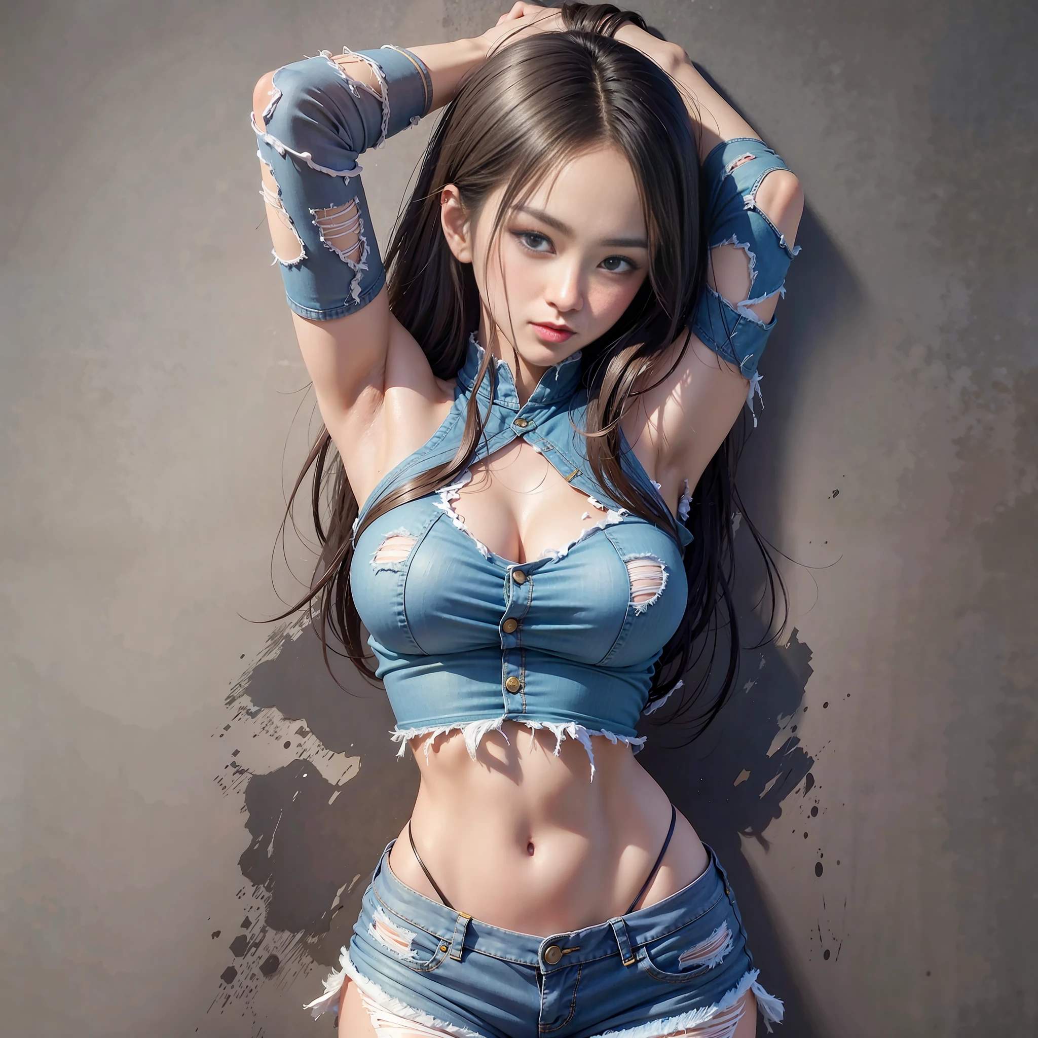 Arafed woman in a blue top and jean shorts posing for a photo, 3 d realistic anime, seductive anime girl, korean girl, beautiful woman seductive anime, Thai anime girl, sexy girl, photorealistic anime girl render, 3 d render character art 8 k, blue jeans. Unreal 5, Cyberpunk 2 0 y. The Model Girl, Realistic 3D style anime,(extremely beautiful face),light eye makeup