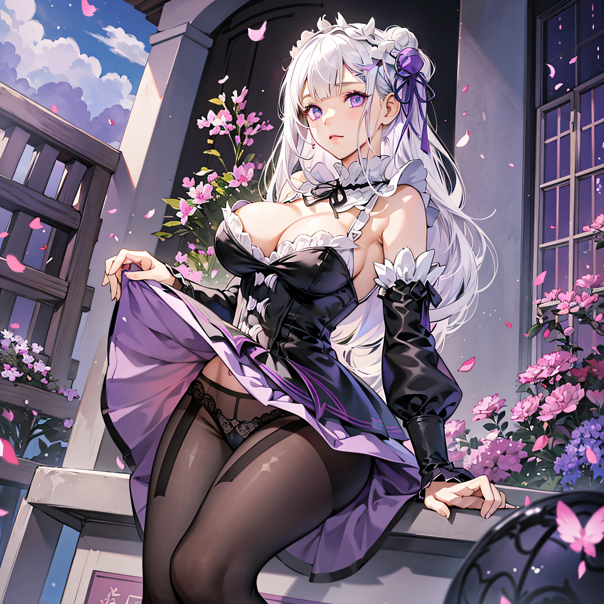 Emilia anime style Re:zero super detailed, looking at the observer, very large breasts, with black skirt and pantyhose, white hair, black lingerie, perfect feminine hands, purple eyes, transparent panties --auto --s2