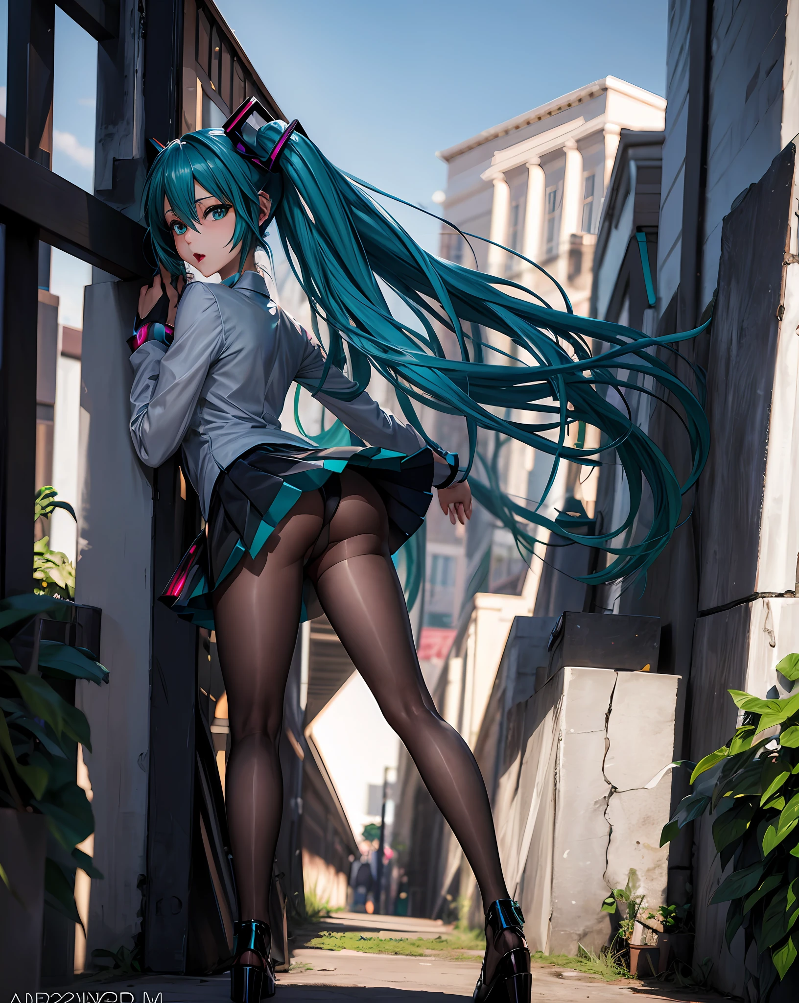 Shiny pantyhose Hatsune Miku Sexy Detailed Face Detailed Legs , Hip Wrap Skirt, Hatsune Miku Cosplay, Artgerm on ArtStation pixiv, Dream Art, Pixiv 3DCG, Sticking Out Tongue, Crazy Face