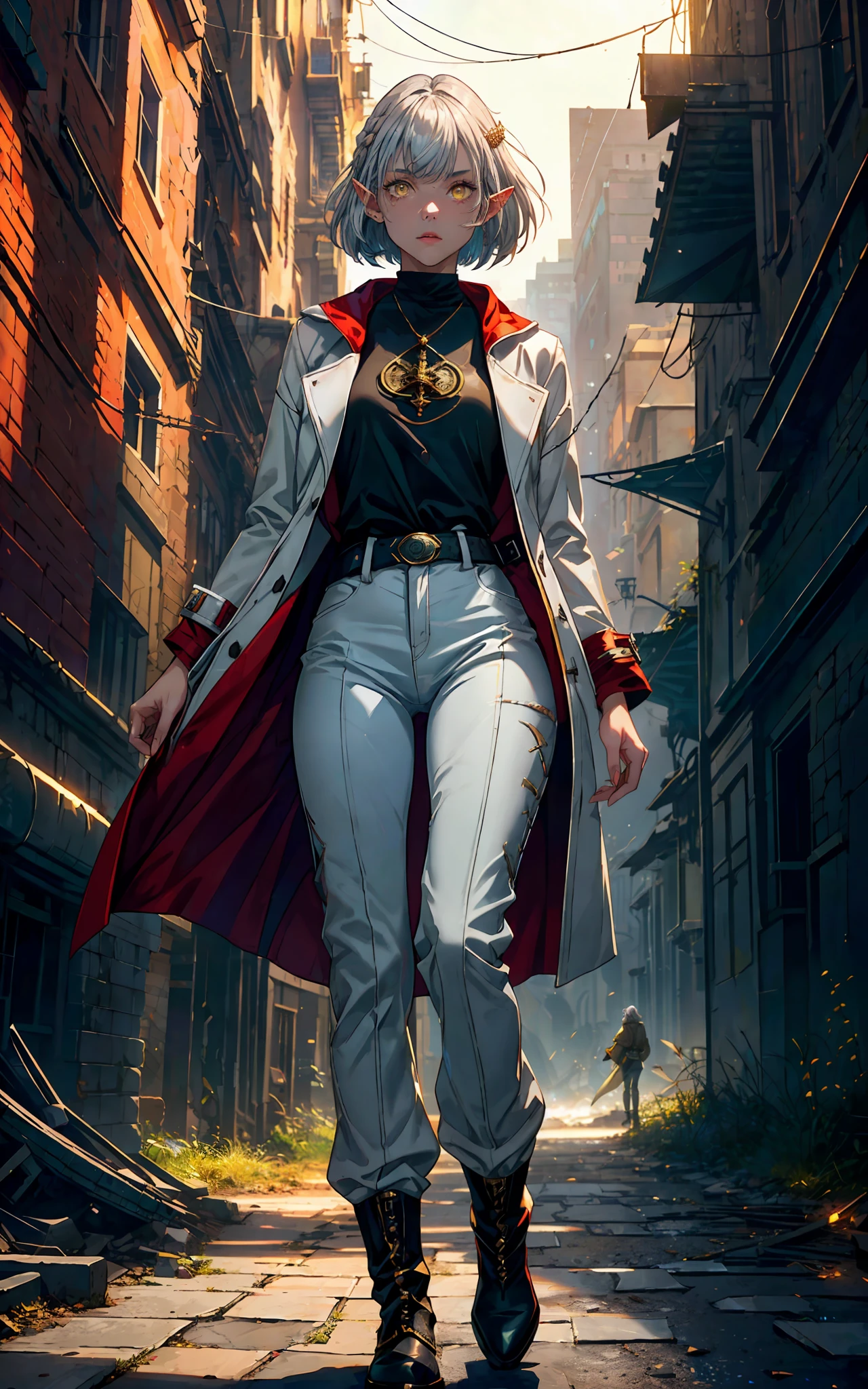 (1girl, solo, full height: 1.5), (realistic face: 1.3), award-winning photography, girl (elven ears, young, cute face: 1.1), thin, fragile, straight hair, disheveled hair, (white coat with red accents, killer-style coat, fantasy (pants), boots), adventurer's clothes, glowing eyes, (gray hair: 1.2), (bob's haircut), (yellow eyes), (using dark magic: 1.2), posing in the dark ruins of the city, (rim lighting, :1.4) Two-color lighting, sharp focus, octane rating, unreal, dimly lit, discreet,