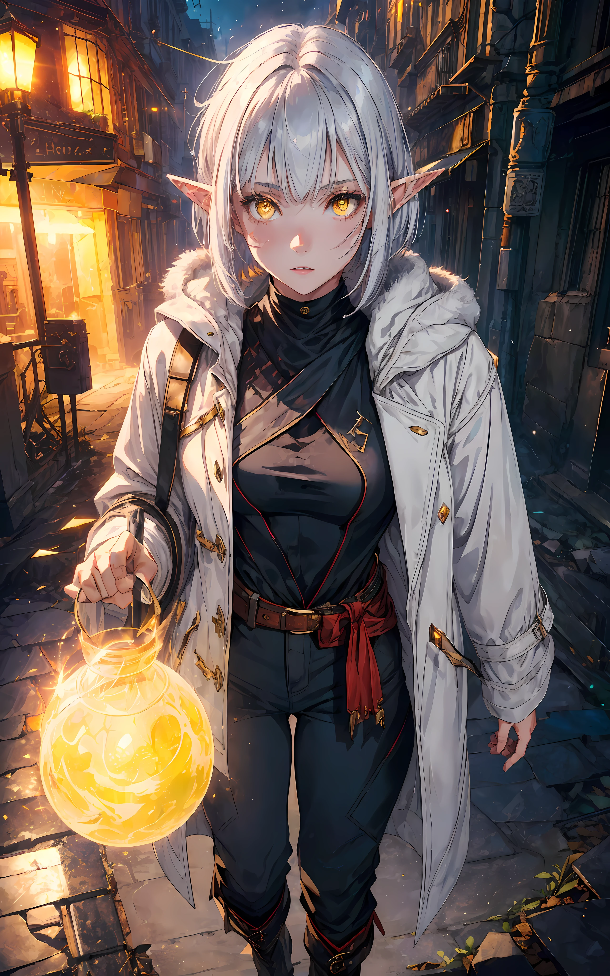 (1girl, solo, full height:1.5),(realistic face:1.3), award-winning photography, girl (elven ears, young, sweet face: 1.1), thin, fragile, straight hair, disheveled hair, (white coat with red accents, killer-style coat, fantasy (pants), boots), adventurer's clothes, glowing eyes, (gray hair: 1.2), (bob haircut), (yellow eyes), (using dark magic: 1.2), posing in a dark city ruins, (rim lighting, :1.4) Two-color lighting, sharp focus, octane, unreal, dimly lit, restrained,