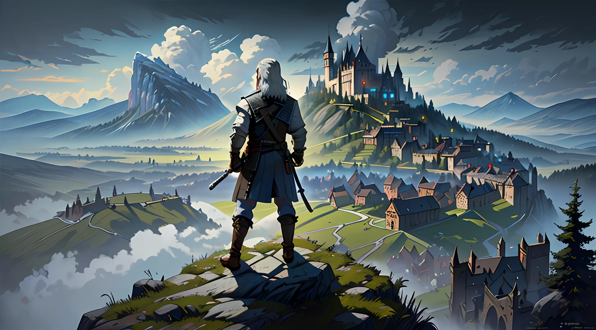(8k unit wallpaper CG extremely detailed, masterpiece, best quality, ultra-detailed), (((solo)))), (wide shot), geralt the wizard on a hill looking at a small medieval town in the distance, (full body), (back view), (high details), (intricate details), intricate, incredible high details, highly detailed environment, illustrator, (masterpiece), art by Greg Rutkowski.