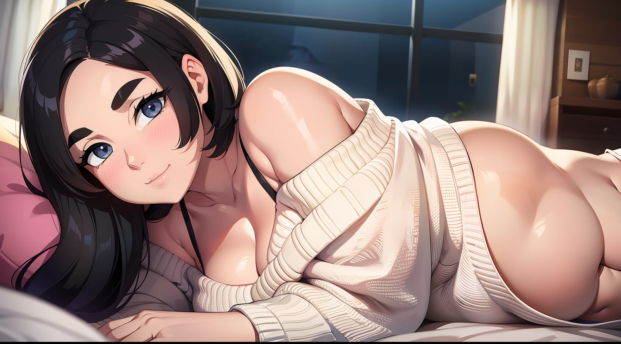 1 woman,solo,34 years old,pudgy face,open eyes,off-the-shoulder white sweater,from side,round jaw,bang up,black bob hair,mature woman,round face,friendly,thick eyebrows,smile,look at viewer,unkempt,bedroom,on the bed,lie on her stomach,plump cheeks,plump body,open chest,viewfinder,arched eyebrows, open chest,