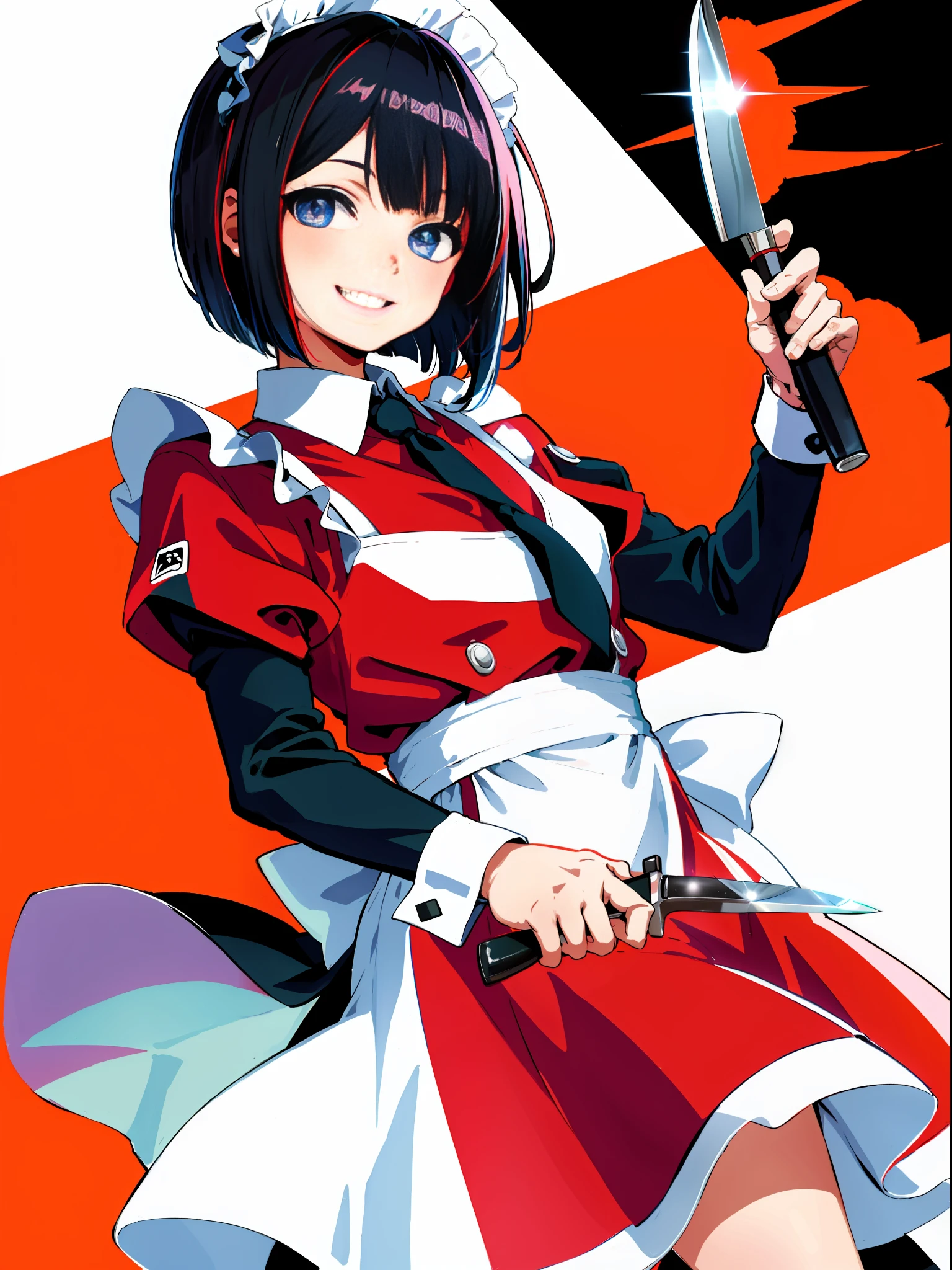 HD picture, anime face look, slim boy with only Bob hairstyle wearing maid dress, strong and vibrant eyes, happy smile, holding a knife in one hand, hotel background