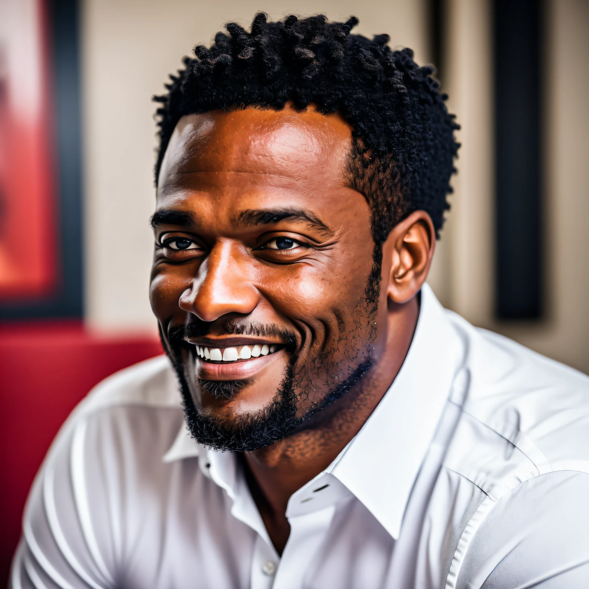 drawing smiling black man in white shirt with red trim and white shirt, taken in early 2020, 45-year-old men, about 3 5 years old, profile picture, full head shot, a picture of a man, picture of a man, 4 0 year old man, headshot profile picture, jeffery smith, he is about 5 0 years old --auto --s2