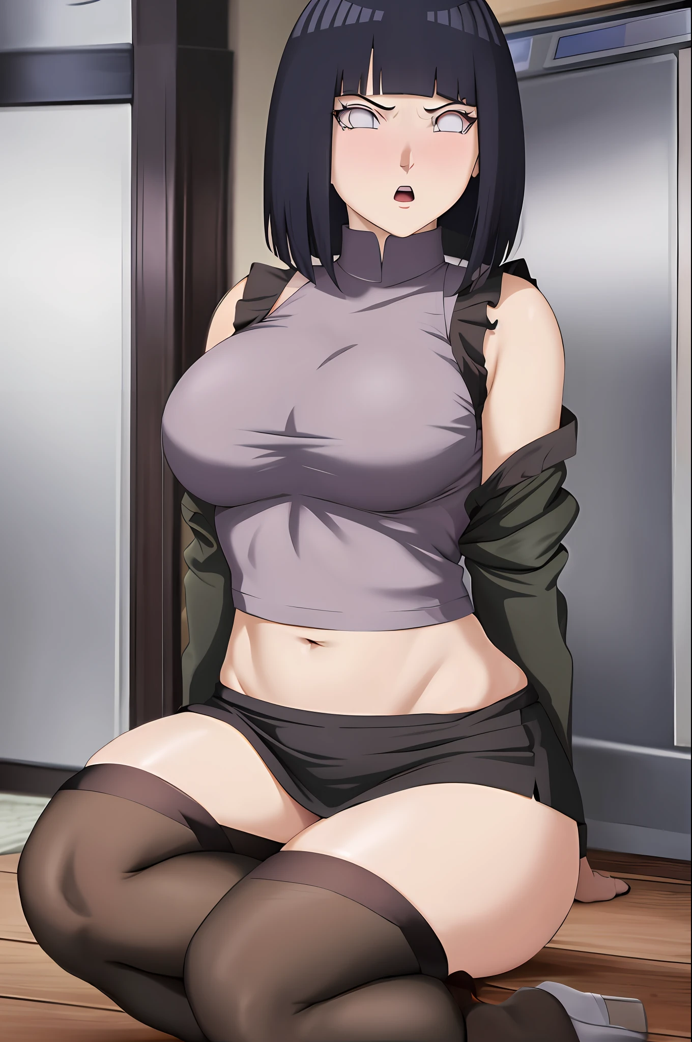 Masterpiece, absurd, Hinata \ (Boruto), 1 girl, solo, off-the-shoulder outfit, pencil skirt, apron, looking at the audience, kitchen, angry, blushing,  , busty, shorrop top, black stockings, groin, :o,