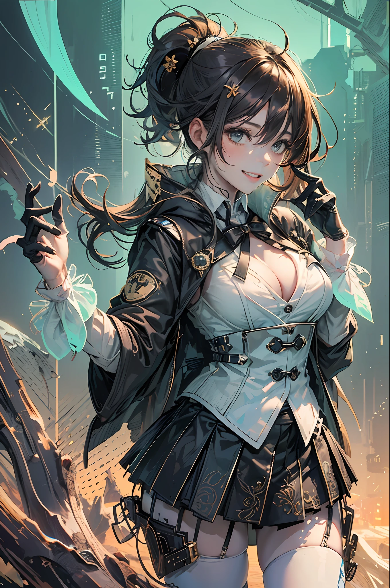 1girl, ((adult)). long glossy hair, dark brown hair, ponytail, white short skirt, milky skin, white leggings with black vines, unbuttoned tailcoat, ((black-vine design on tailcoat/suit)), mint hair-tie, shorts beneath skirt, wet white shirt, (mint green cloak), pantie shot, upskirt, confident pose, flirty pose, huge grin, cleavage, flat chest, tiny breasts, beautiful forest background, perky, super upbeat, very short skirt, flashing mint panties, skirt raised --auto --s2