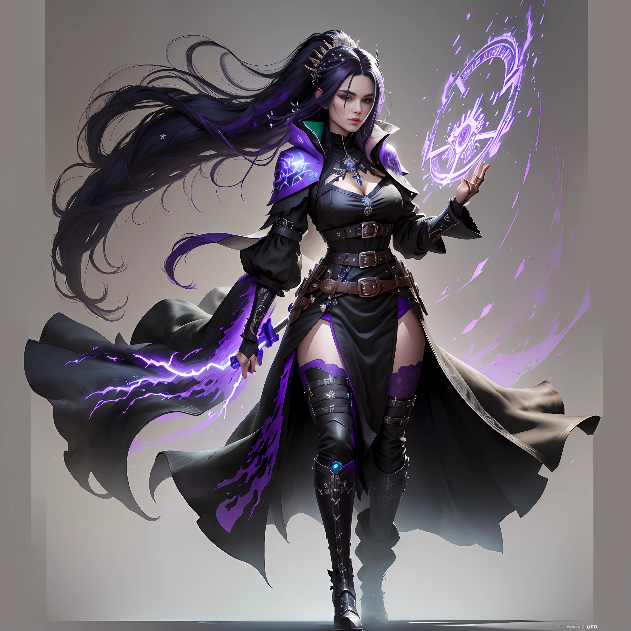 Woman with skin (black) long purple hair wearing a black outfit, in this case a black dress a table black pants and black boots, her purple hair has green and blue tones, she is a powerful monarch, tall and beautiful, tk-char, multiple visions of the same character, award-winning graphics, grilles, belt, metal buckle, Tech Sense, Final Fantasy, masterpiece, highly detailed, 8k, rtx, Unreal Engine, Character Concept Art,