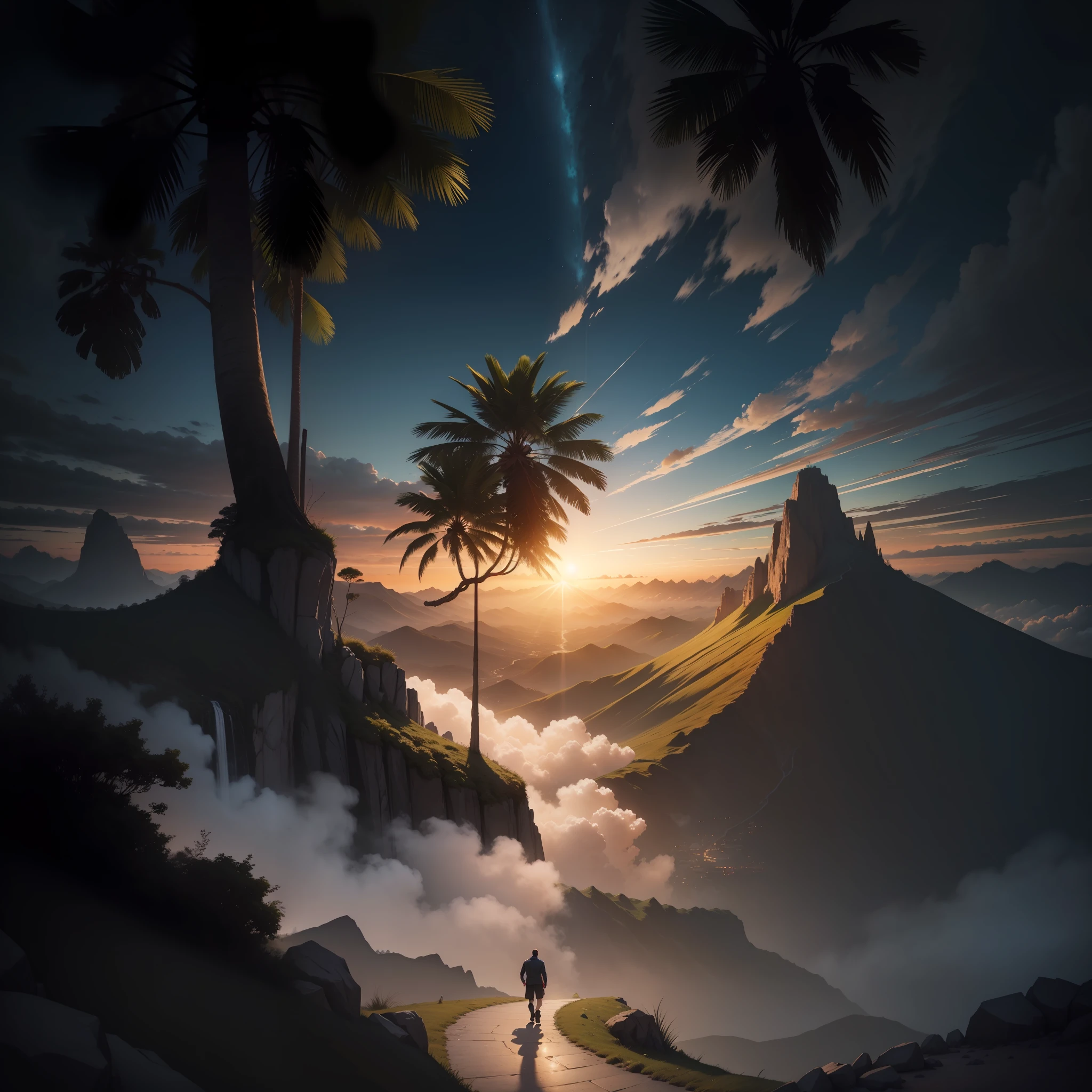 man, landscape, nature, mountains, paths, path, path to heavens, palm trees, alone, alone, straight path, natural view, divine, clouds, cloud, heavens, sky, sky, sun, detailed sky, path to, back, manly, manly, manly, vigorous, strong, well-dressed, tunic, decent, walk, run, path, beauty path, life path, nature, beautiful place, paradise, back, walking, sky, God, Heavens, heavenly, looking straight way, towards photorealism, photorealistic, ultra hd, 4k, detailed textures, futuristic colors, detailed colors,