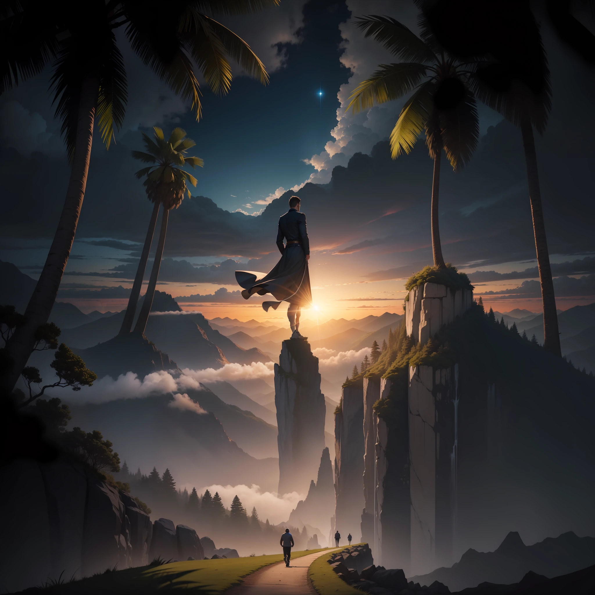 man, landscape, nature, mountains, paths, path, path to heavens, palm trees, alone, alone, straight path, natural view, divine, clouds, cloud, heavens, sky, sky, sun, detailed sky, path to, back, manly, manly, manly, vigorous, strong, well-dressed, tunic, decent, walk, run, path, beauty path, life path, nature, beautiful place, paradise, back, walking, sky, God, Heavens, heavenly, looking straight way, towards photorealism, photorealistic, ultra hd, 4k, detailed textures, futuristic colors, detailed colors,