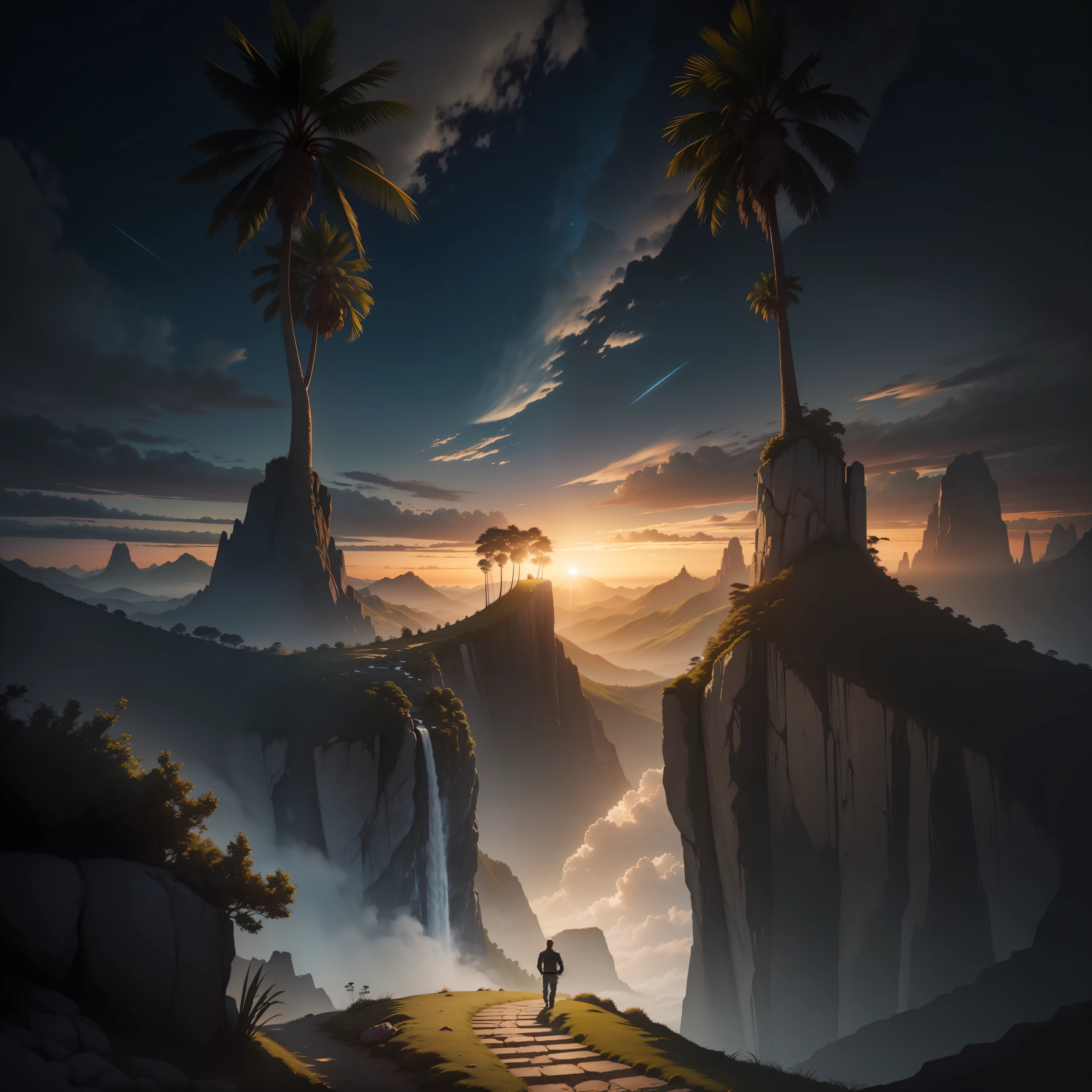man, landscape, nature, mountains, paths, path, path to heavens, palm trees, alone, alone, straight path, natural view, divine, clouds, cloud, heavens, sky, sky, sun, detailed sky, path to, back, manly, manly, manly, vigorous, strong, well-dressed, tunic, decent, walk, run, path, beauty path, life path, nature, beautiful place, paradise, back, walking, sky, God, Heavens, heavenly,  looking straight way, towards photorealism, photorealistic, ultra hd, 4k, detailed textures, futuristic colors, detailed colors,