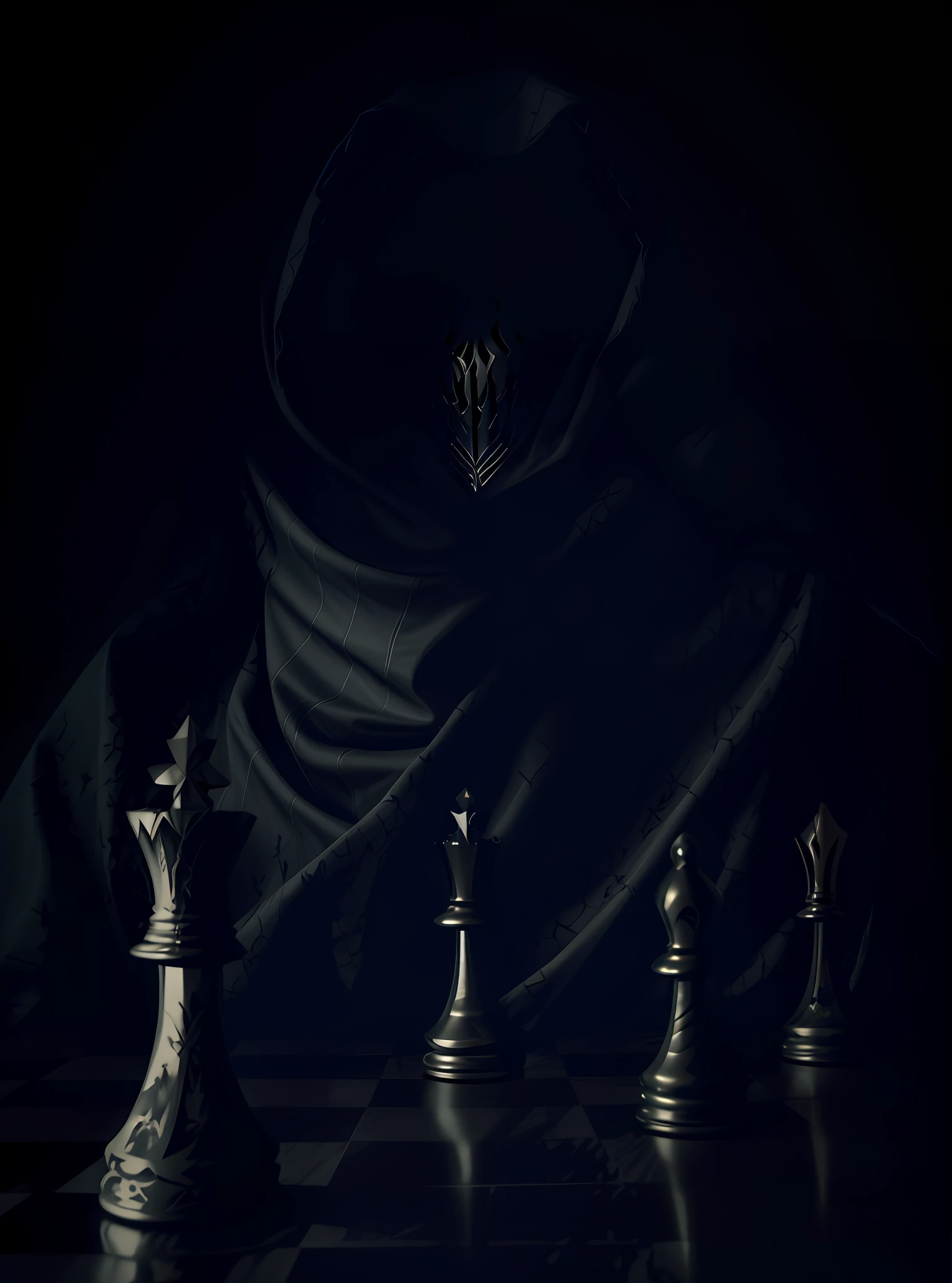 a hooded silhouette , does not appear the face, covert face and hood playing chess, the king of death, dark dress, dark soul concept, hooded dark figure, !! Playing chess!, the Dark Lord, Cloaked, Just Art for dark metal music, Dark Hooded Wraith, Chess Knight, Dark Concept Art, Cloaked Dark Night, VantaBlack Chiaroscuro