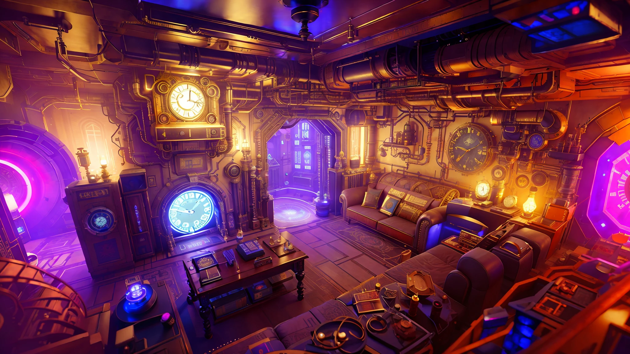 there is a room with a clock and a couch in it, ornate cyberpunk interior, sci fi engine room living room, vivid steampunk concept, surreal sci fi set design, dieselpunk setting, set in cyberpunk bank vault, steampunk living room, rendered in unreal 5, rendered in unreal engine 5, cyberpunk interior, colorful sci-fi steampunk, sci - fi interior