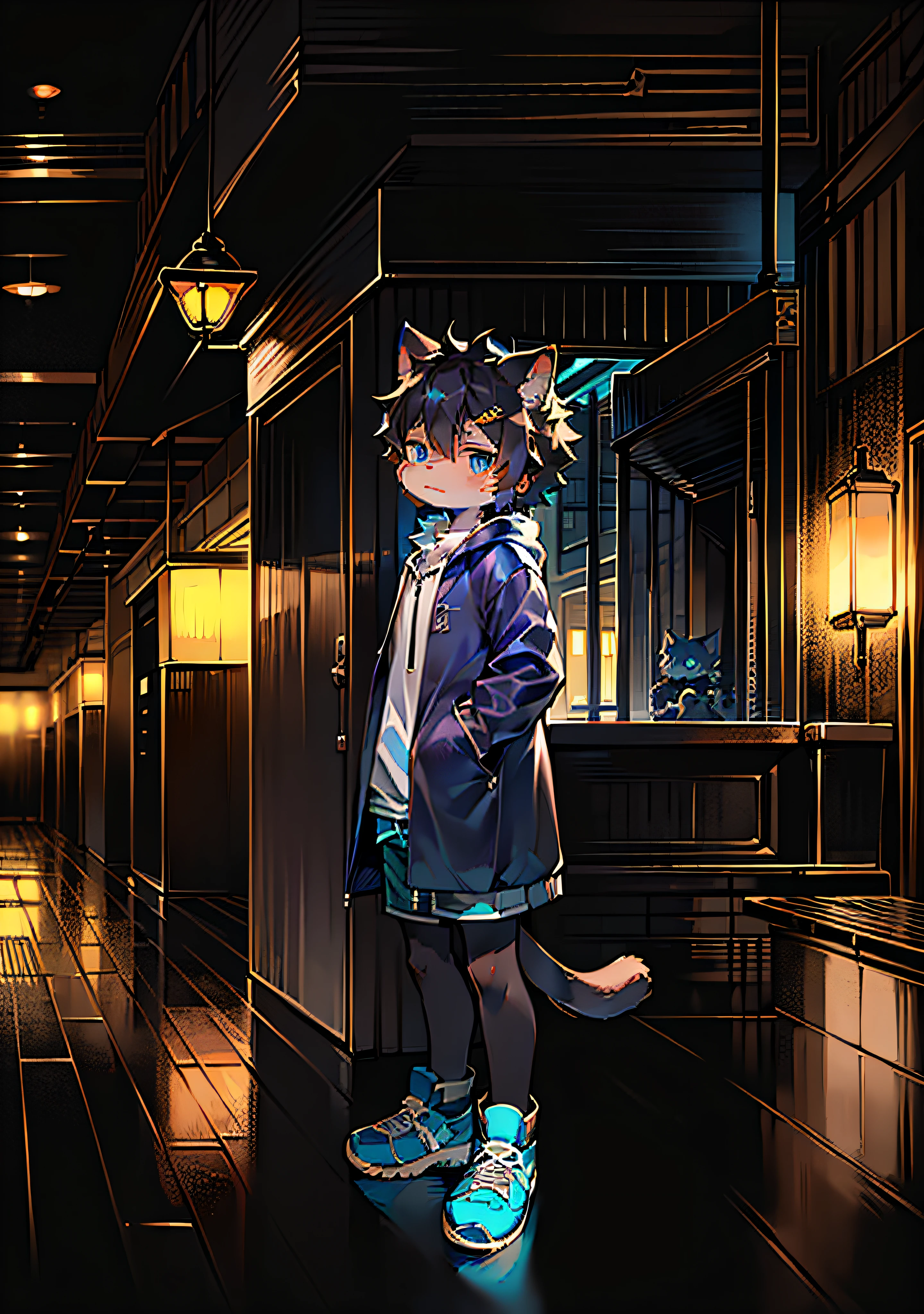 (Dark Environment: 0.8), Masterpiece, High Quality, Abstract Res, Digital Painting\(artwork\), by Dagasi, Yupa, Kiyosan, (Anthro, Fluffy Fur, Character Focus: 1.1), Anthro Male Cat, Short Hair, Portrait , bright eyes, panorama, character focus. (Detailed background: 0.7), solo, furry, furry male, cat, black fur, gray pattern, blue coat, fluffy shorts, blue eyes, black hair, wearing shoes, standing, white shirt, introverted, shy, wide coat