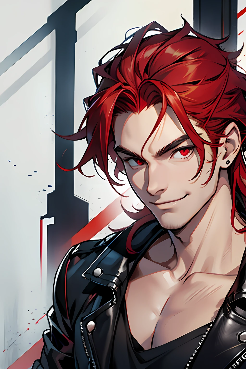 A young man with long red hair and red eyes, a evil smile, athletic body, wearing a black shirt and leather jacket