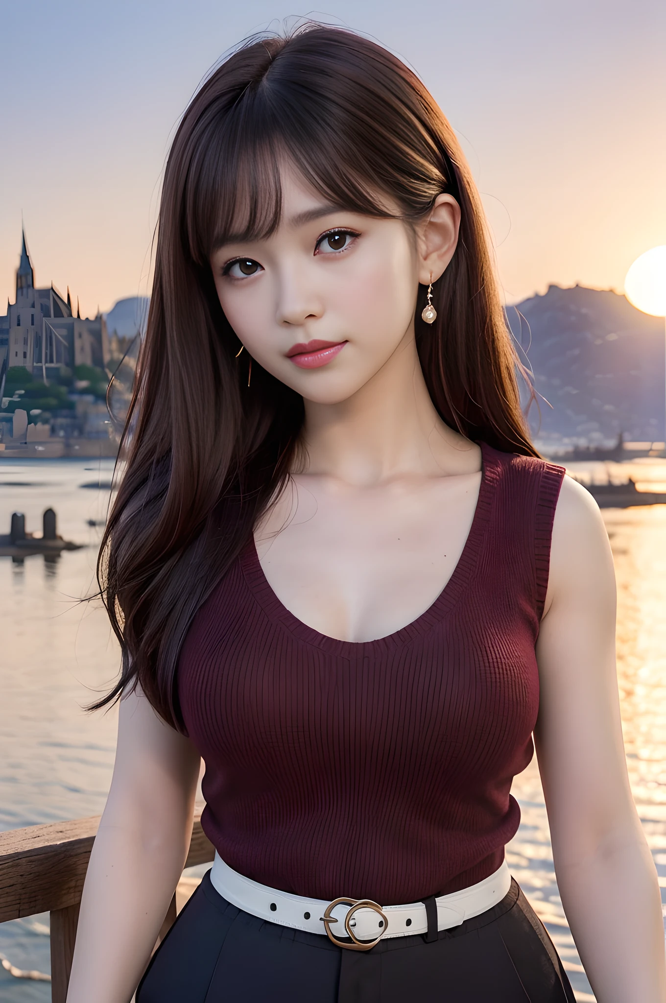 (Best Quality, Masterpiece: 1.2), (ultrarealistic: 1.3), (realistic:1.3)
(high resolution: 1.2), (beautiful skin: 1.2), (pale skin:1.3), (hyper-sharp focus: 1.5),
(ultra-detailed background, detailed background:1.3), bokeh, depth of field,
BREAK
((one extremely cute and beautiful young woman)), light smiling girl portrait.,
When viewed from the front, the composition is symmetrical,
looking straight at you with serious eyes,
BREAK
chestnut wavy hair, dark brown eyes, back hair tied with a ribbon,
mahogany hair, single hair, bangs, slender, abs, (medium large breast;1.25), (narrow waist:1.15),
(burgundy turtle sleeveless rib sweater:1.25), (shorts:1.25), detailed clothes, (Mont Saint-Michel:1.35, sunset, detailed background:1.25),