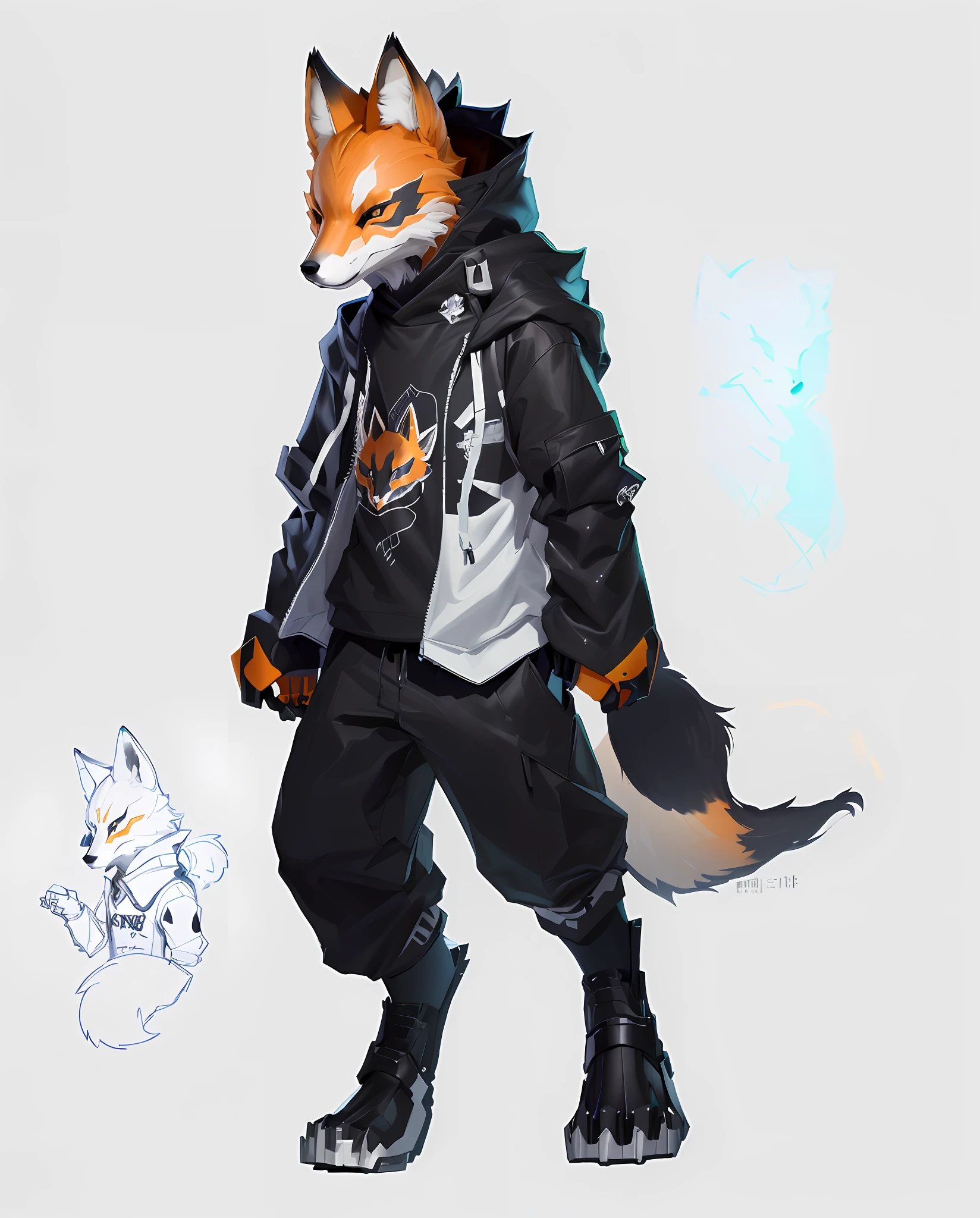 Drawing of a fox in a sweatshirt and black cropped pants, fox mask, fox letter, human fox, detailed full body concept, full body committee, full body character design, forsona committee, full body character concept, full body concept, fox inspired armor, character can be adopted, ((character concept art))