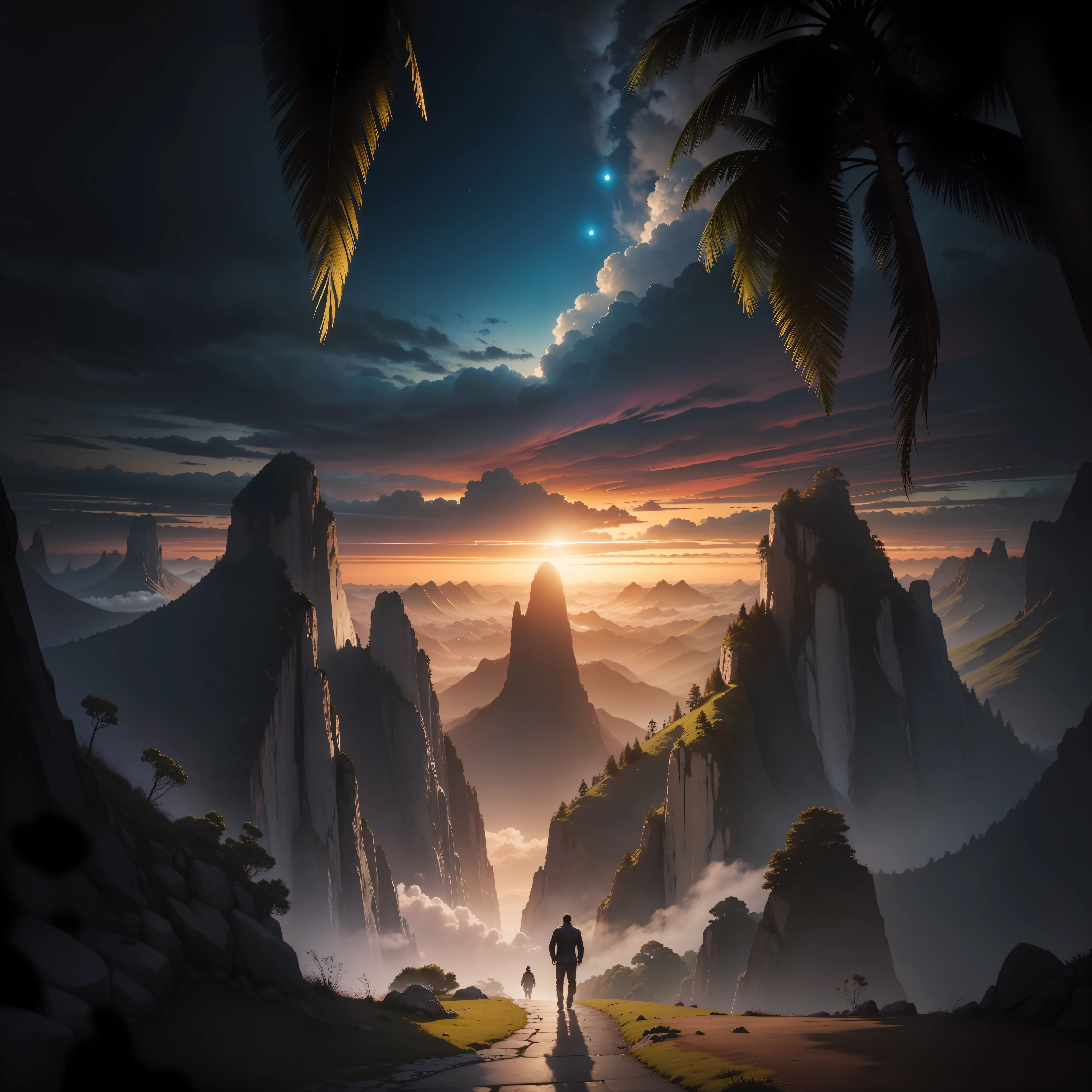 man, landscape, nature, mountains, paths, path, path to heavens, palm trees, alone, alone, straight path, natural view, divine, clouds, cloud, heavens, sky, sky, sun, detailed sky, path to, back, manly, manly, manly, vigorous, strong, well-dressed, tunic, decent, walk, run, path, beauty path, life path, nature, beautiful place, paradise, back, walking, sky, God, Heavens, heavenly,  looking straight way, towards photorealism, photorealistic, ultra hd, 4k, detailed textures, futuristic colors, detailed colors,