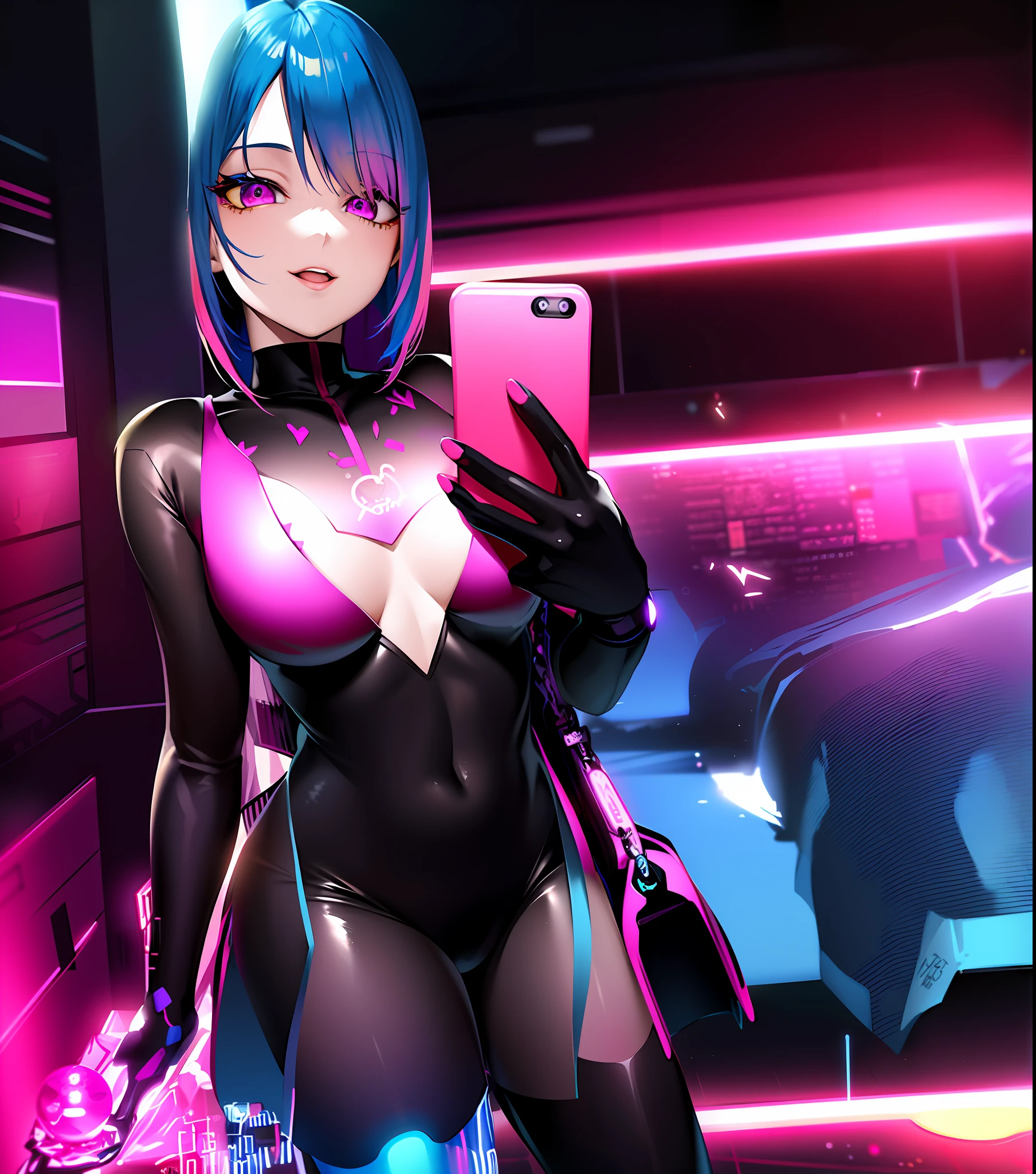 ((Virtual Youtuber)),💥(explosion),futuristic, neon lights,unique outfit,(blue hair+pink hair), dynamic pose, cyberpunk aesthetic,high energy,digital effects,anime style,high detailed,unforgettable visual impression.