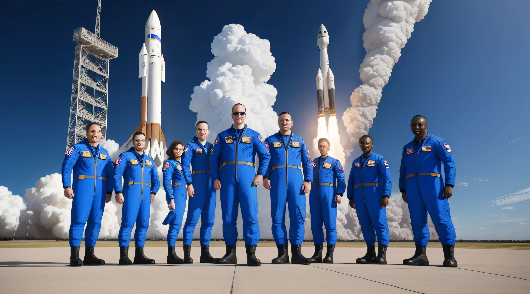 Group of people in blue suits standing in front of a rocket, on a NASA landing platform, in front of their spacecraft, space tourism, wearing air force overalls, NASA space tourism, sky, flying a small space shuttle, focus on space rocket, launch into space, wearing flight suit, ultrarealistic, with depth