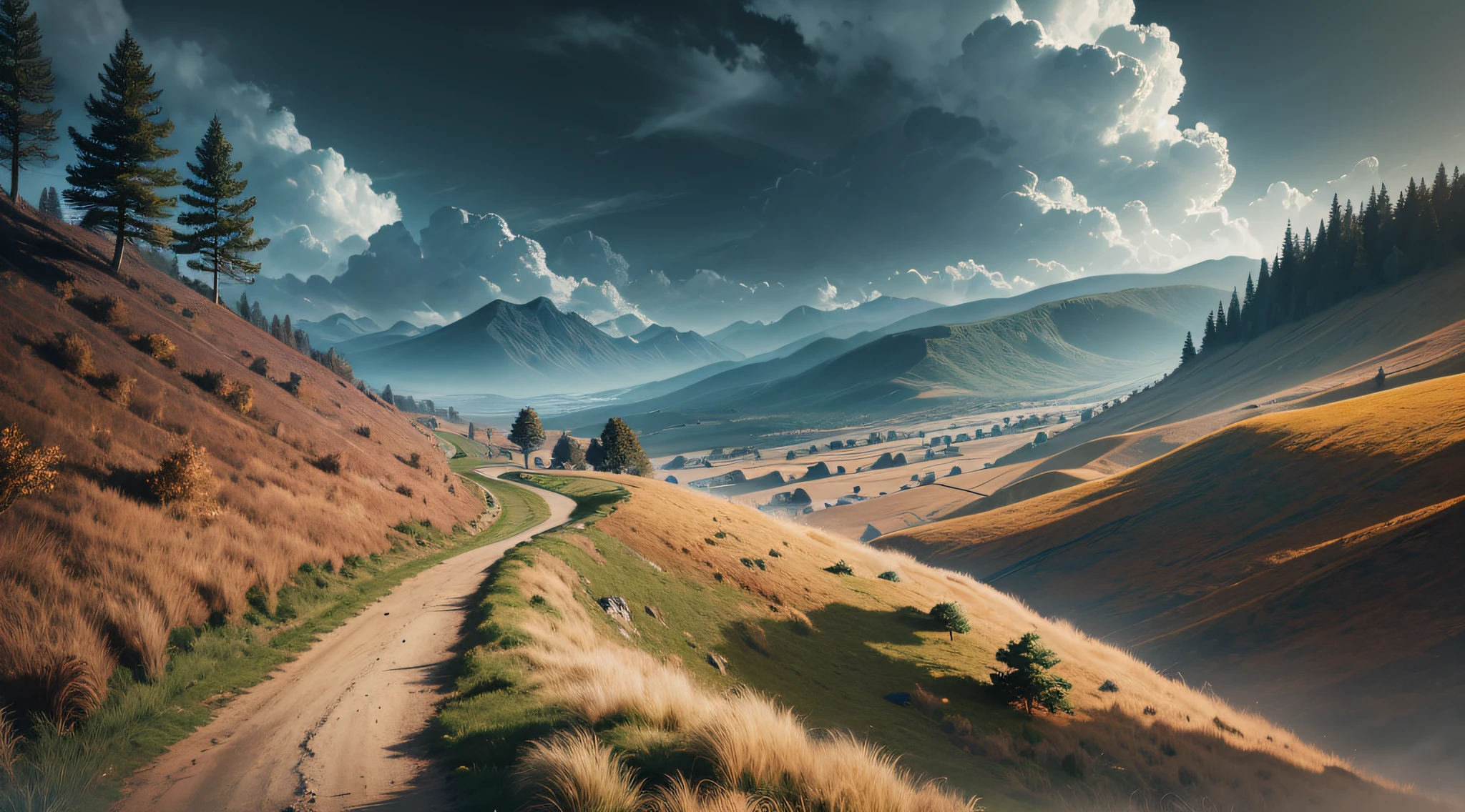 (impossible hill:1.2), narrow path, dynamic light, dramatic atmosphere, low saturation, natural color, afternoon, cinematic shot