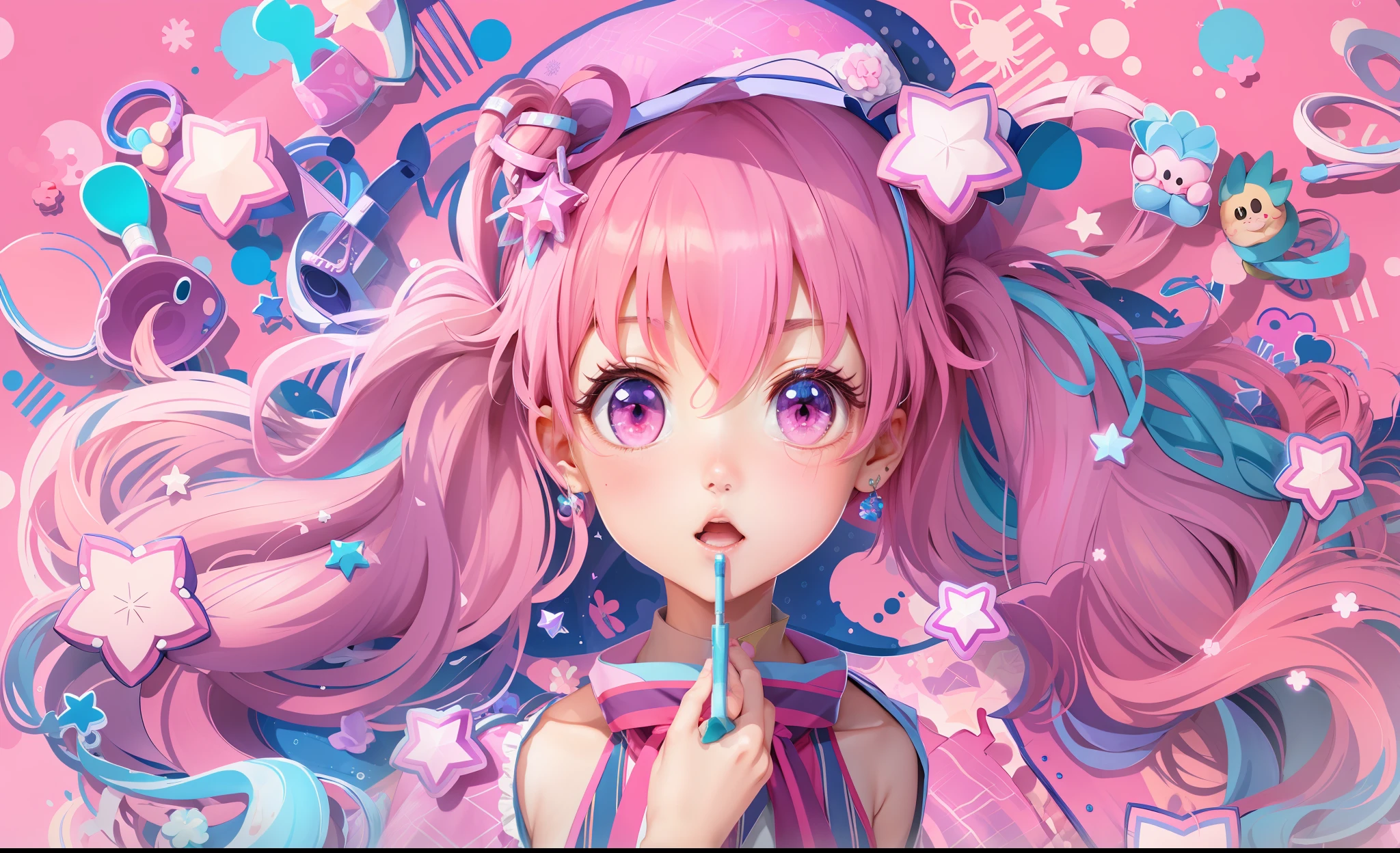 (Magical Girl: 1.2 + Loli: 1.2+ Cute: 1.1+ Anime Visual: 1.1+ Pink Double-tailed Hair: 1.2+ Cyan Eyes), (Colorful Costumes: 1.1 + Seaside: 0.7), (Splash: 1.2 + Kawaii: 1.2 + Official Art), (4K: 1.1 + Anime Style: 1.1 + Illustration: 1.1)