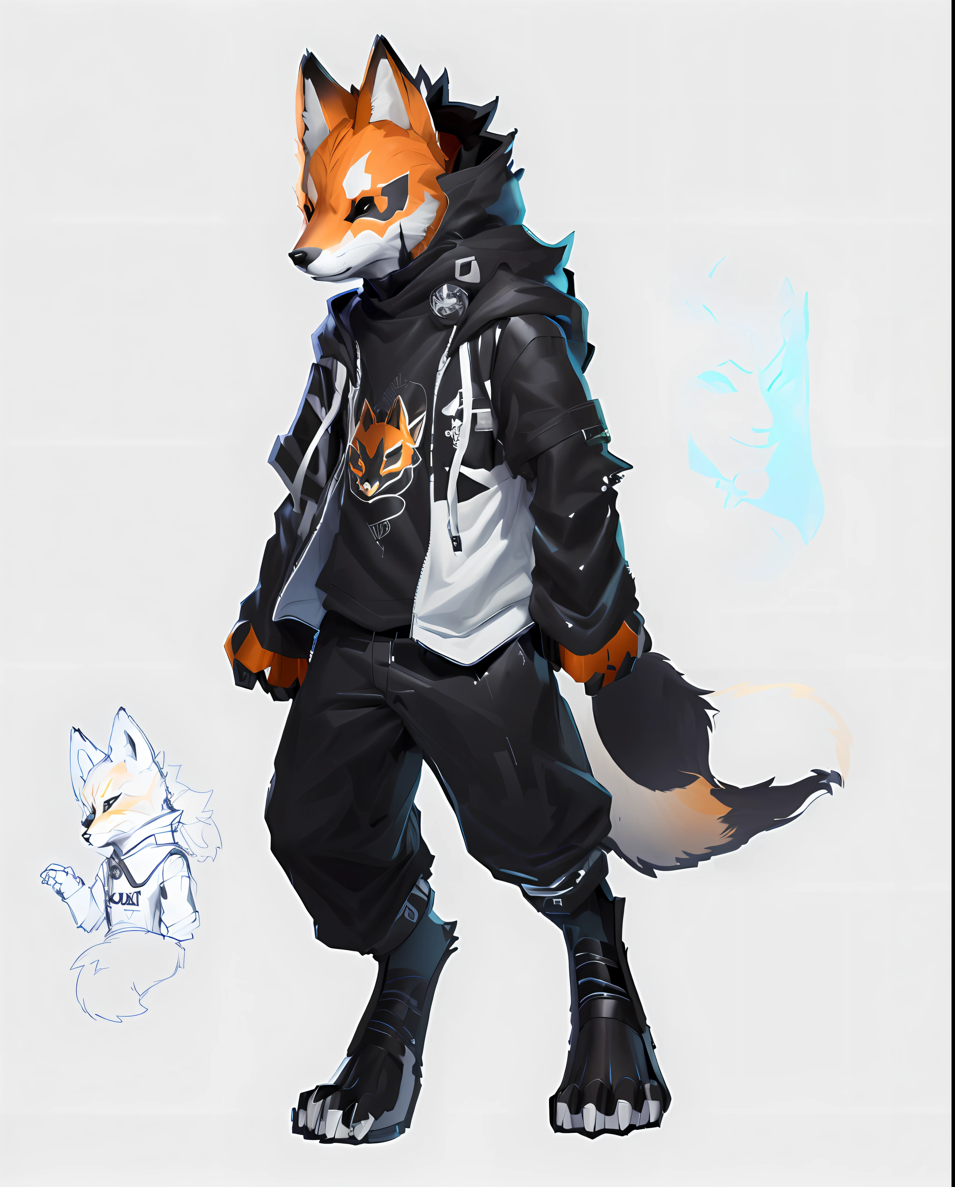 Drawing of a fox in a sweatshirt and black cropped pants, fox mask, fox letter, human fox, detailed full body concept, full body committee, full body character design, forsona committee, full body character concept, full body concept, fox inspired armor, character can be adopted, ((character concept art))