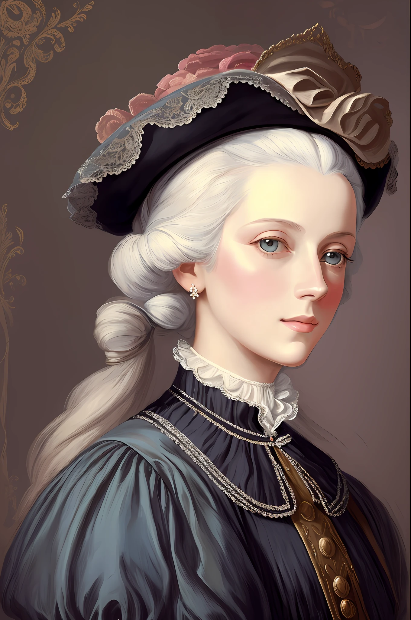 Marie Antoinette painting with hat on her head, promenade, lace tapestry, digital painting, painted character portrait inspired by Mads Berg, pictorial portrait, beautiful character painting, digital character painting, centered portrait painted, pictorial illustration, #1 digital painting of all time, #1 digital painting of all time, high-quality digital painting, digital painting --auto --s2