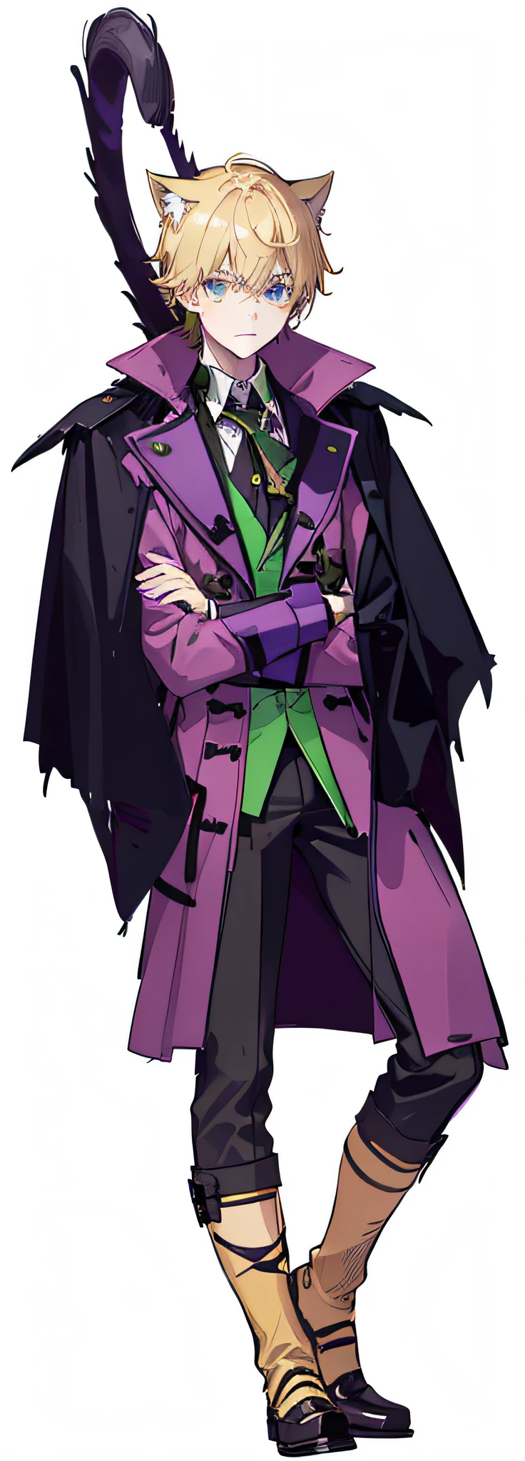 man dressed in a green coat and shirt, , ager, scorpion tail, black wings, cat ears, blue eyes, blond hair, purple trench coat, full body, crossed arms, fair skin