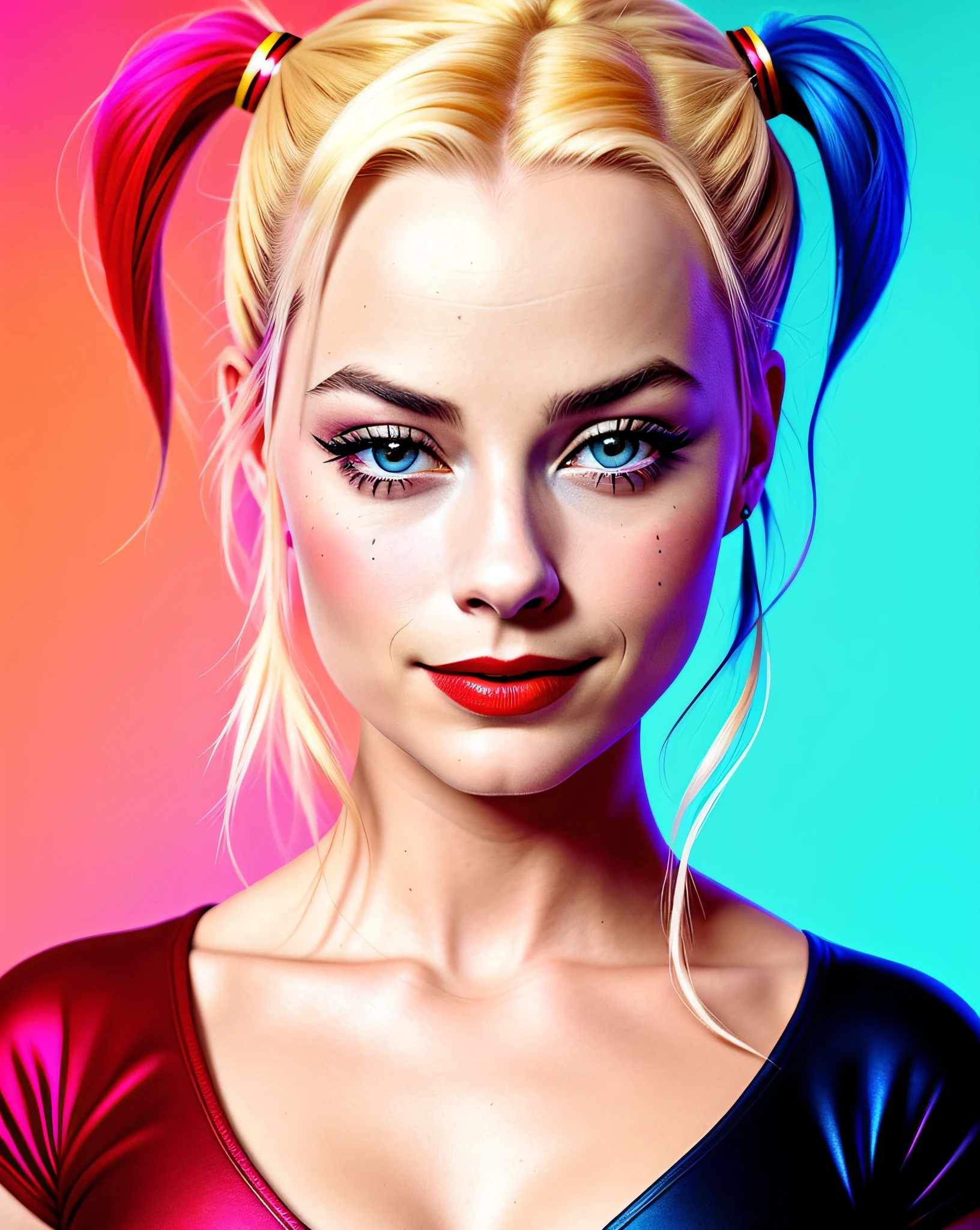arafed woman with a red top and blue hair and a clown make up, margot robbie as harley quinn, harley quinn, harley queen, of harley quinn, portrait of harley quinn, pretty margot robbie vampire, margot robbie face, emma watson as harley quinn, elizabeth olsen as harley quinn, margot robbie, film still of harley quinn, margot robbie portrait --auto --s2