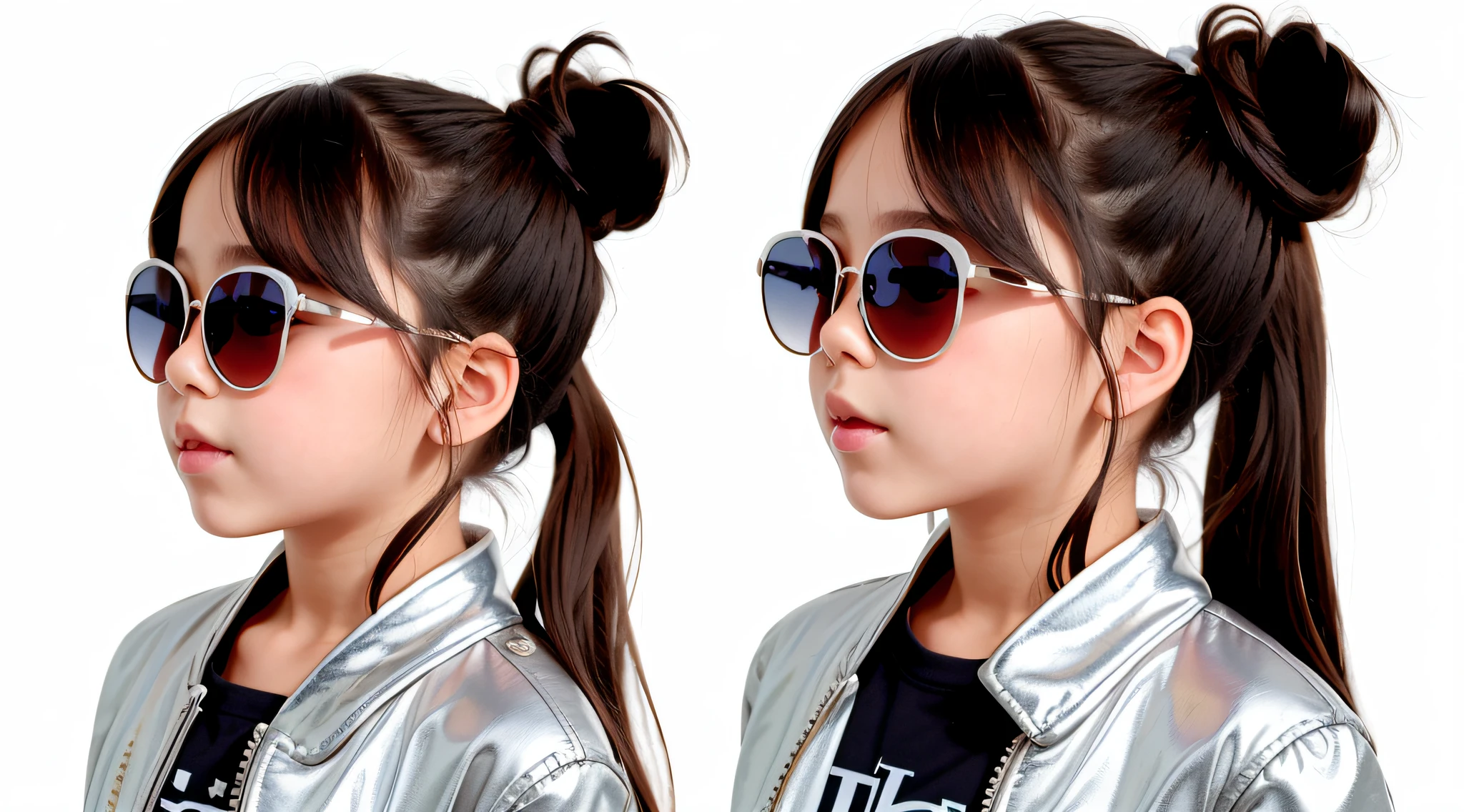 masterpiece, best quality, realistic, girl child dark hair of bun and sunglasses, long hair, SILVER JACKET, broad shoulders, small head, upper body, (white background: 1.3), mouth closed.