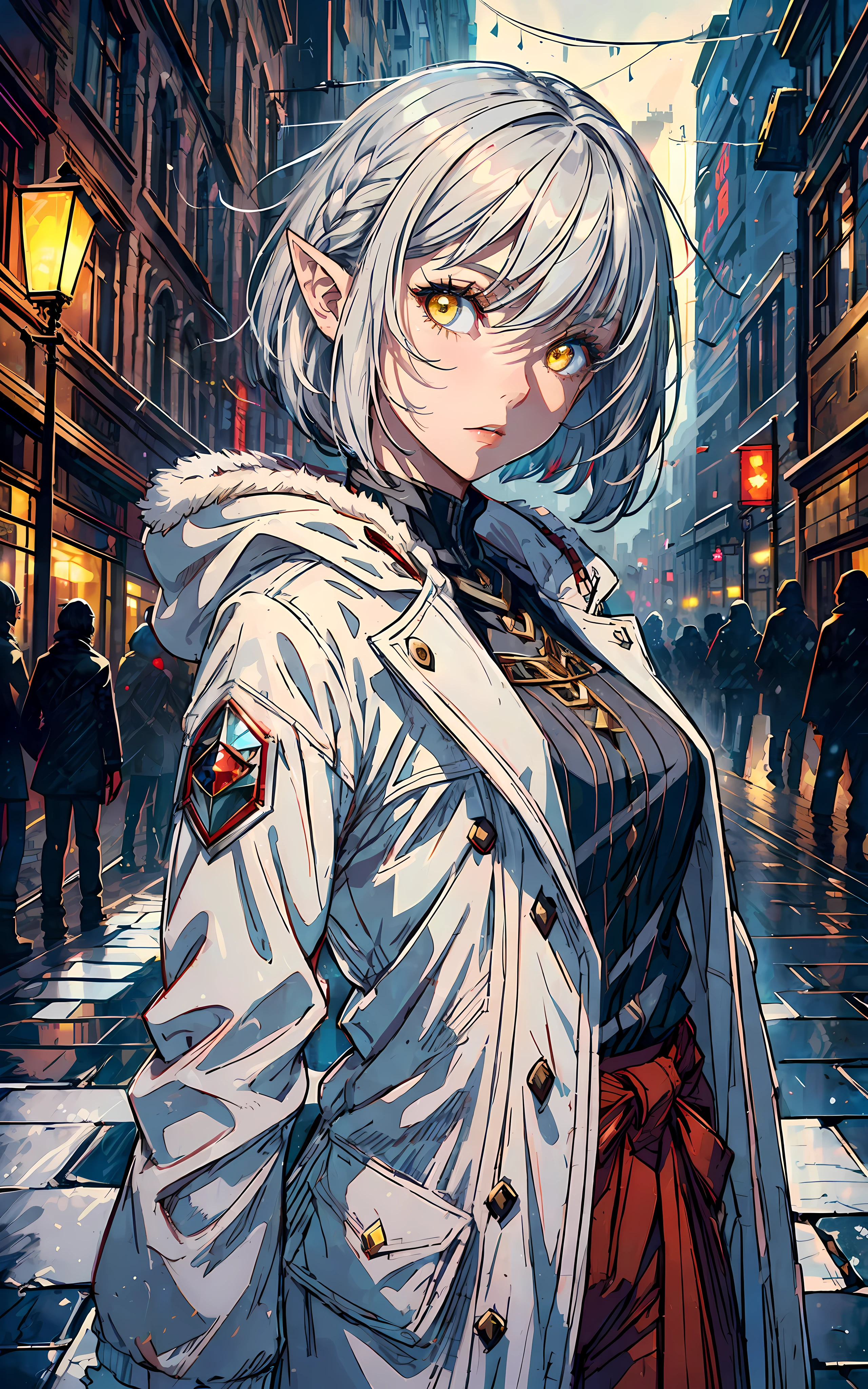 (1girl, solo, full height: 1.5), (realistic face: 1.3), award-winning photography, girl (elven ears, young, cute face: 1.1), thin, fragile, straight hair, disheveled hair, (white coat with red accents, killer-style coat, fantasy (pants), boots), adventurer's clothes, glowing eyes, (gray hair: 1.2), (bob's haircut), (yellow eyes), (using dark magic: 1.2), posing in the dark ruins of the city,  (rim lighting, :1.4) Two-color lighting, sharp focus, octane rating, unreal, dimly lit, discreet,